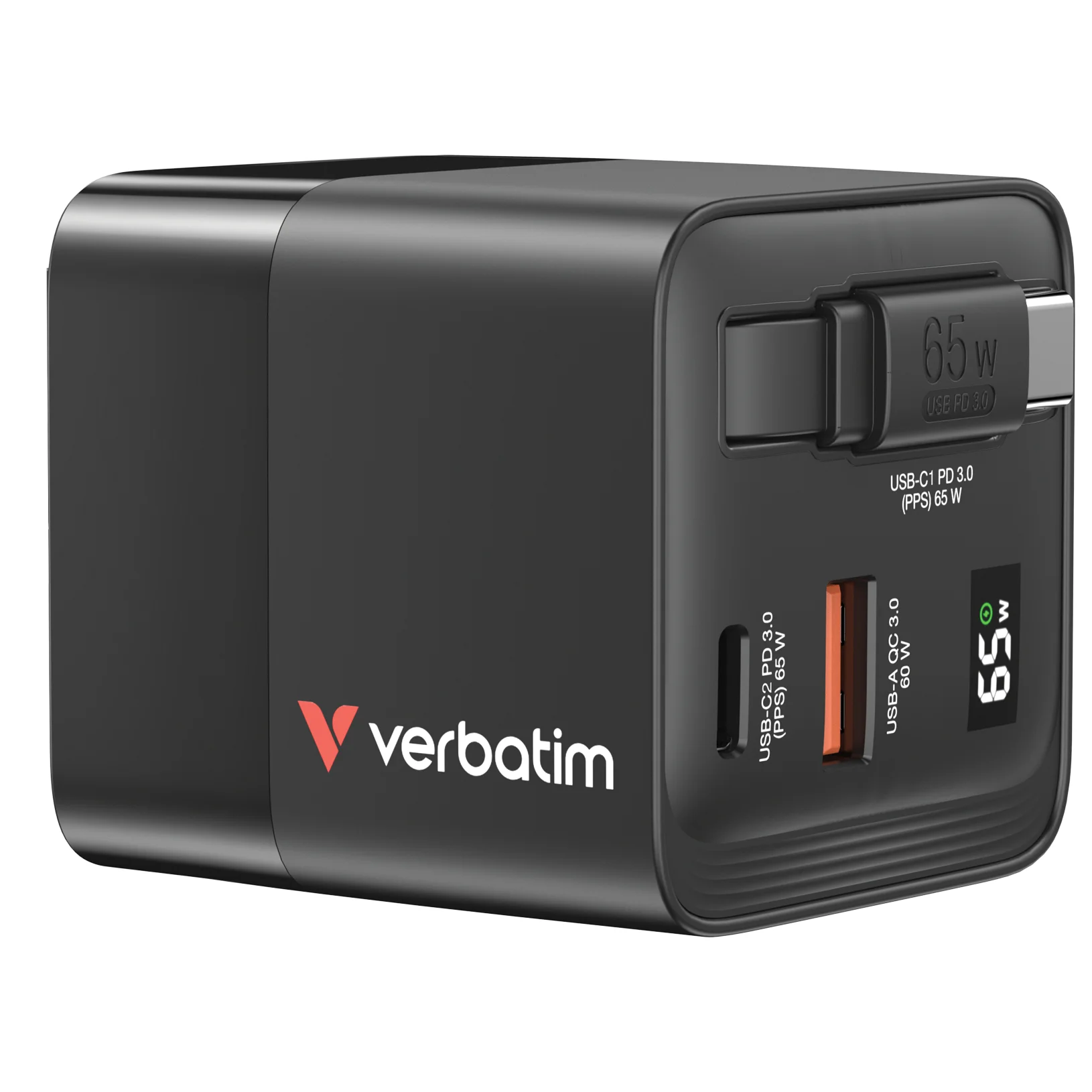 Verbatim GaN Charger 65W Universal Schwarz AC Schnellladung Drinnen