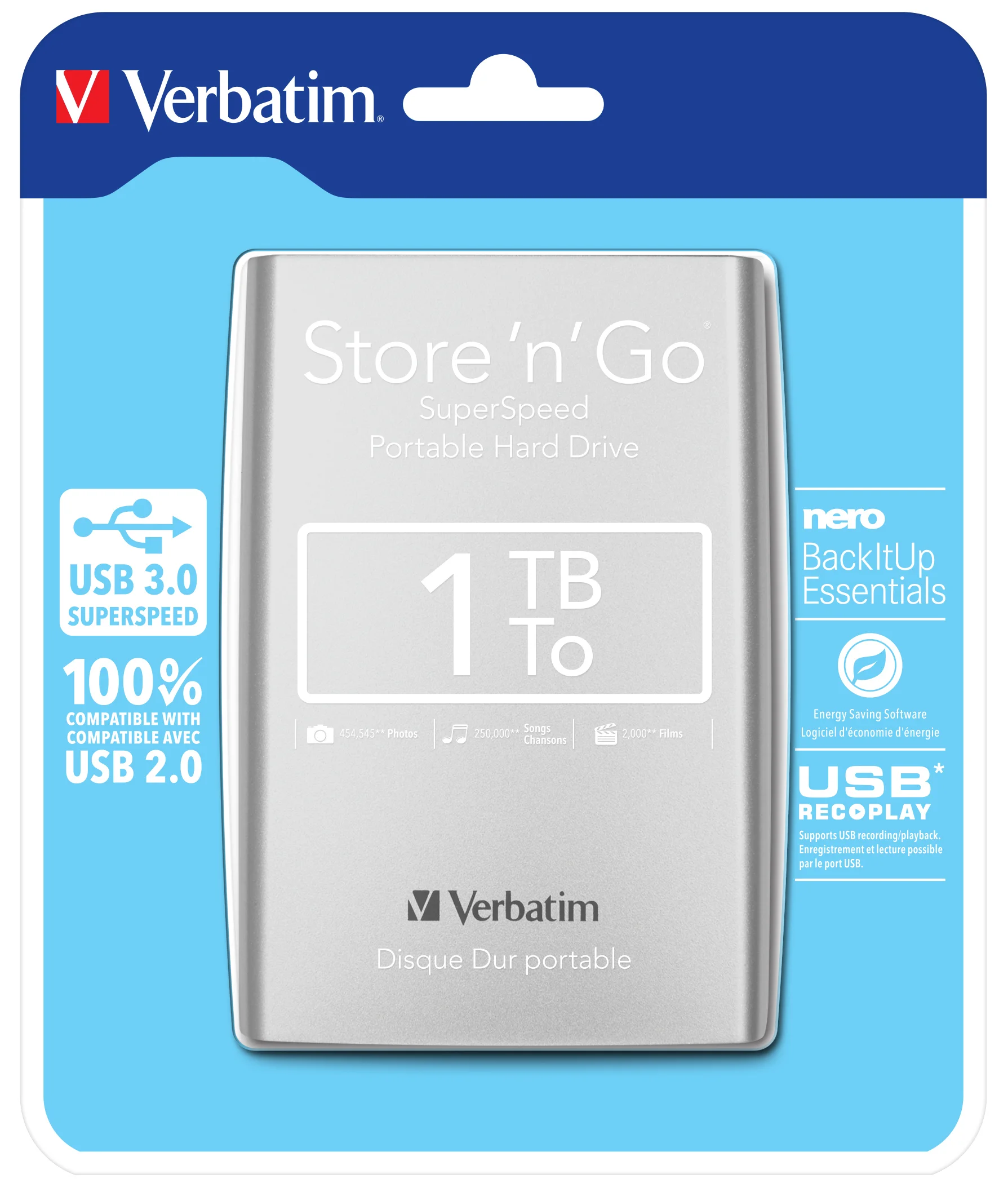 Verbatim Portables Festplattenlaufwerk Store 'n' Go USB 3.0, 1 TB, Silber