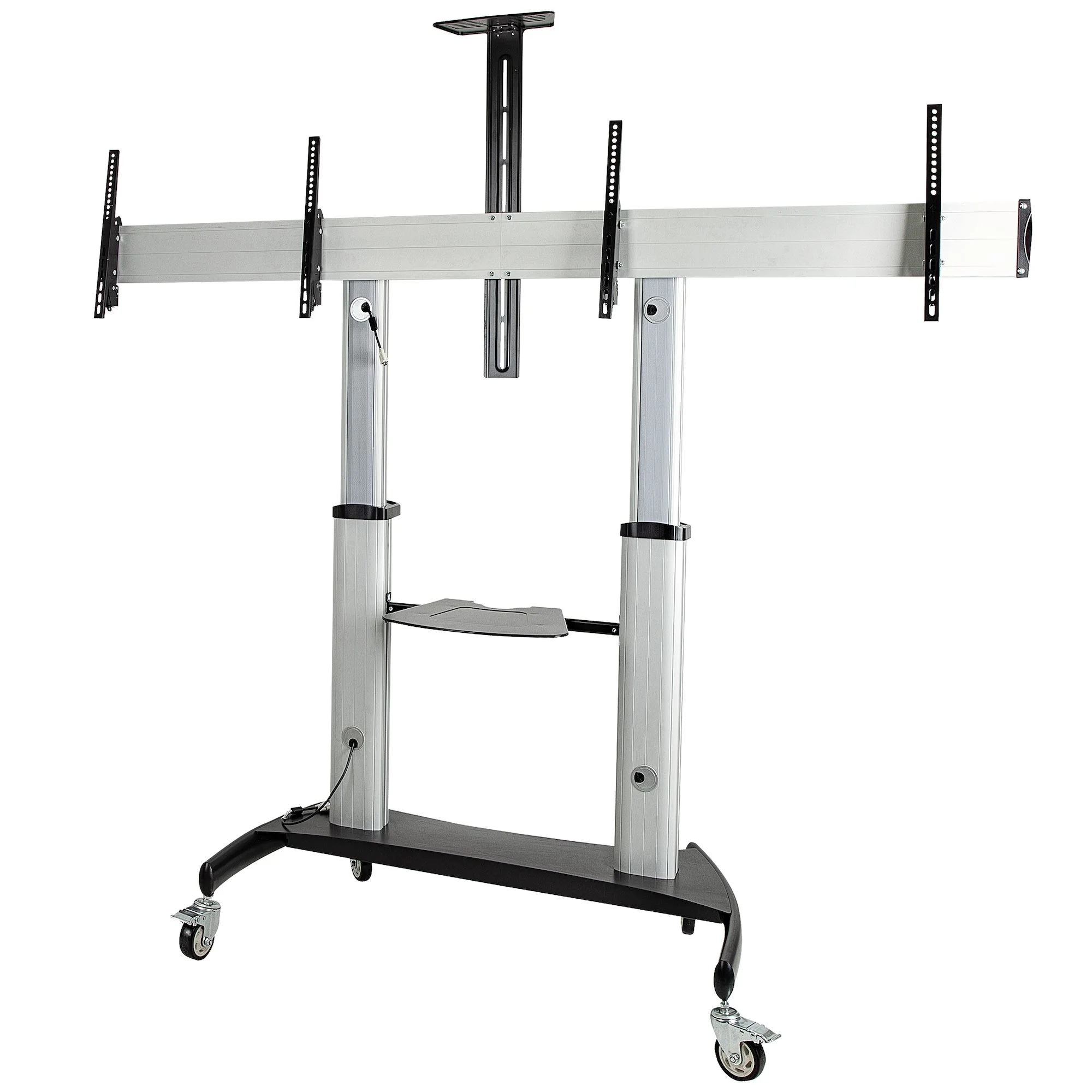 StarTech.com Doppel TV Ständer mit rollen für 37-60 Zoll VESA Bildschirme jeweils bis 50kg - Höhenverstellbarer/Schwenkbarer TV Rollwagen - Präsentationswagen für zwei TVs mit Ablage