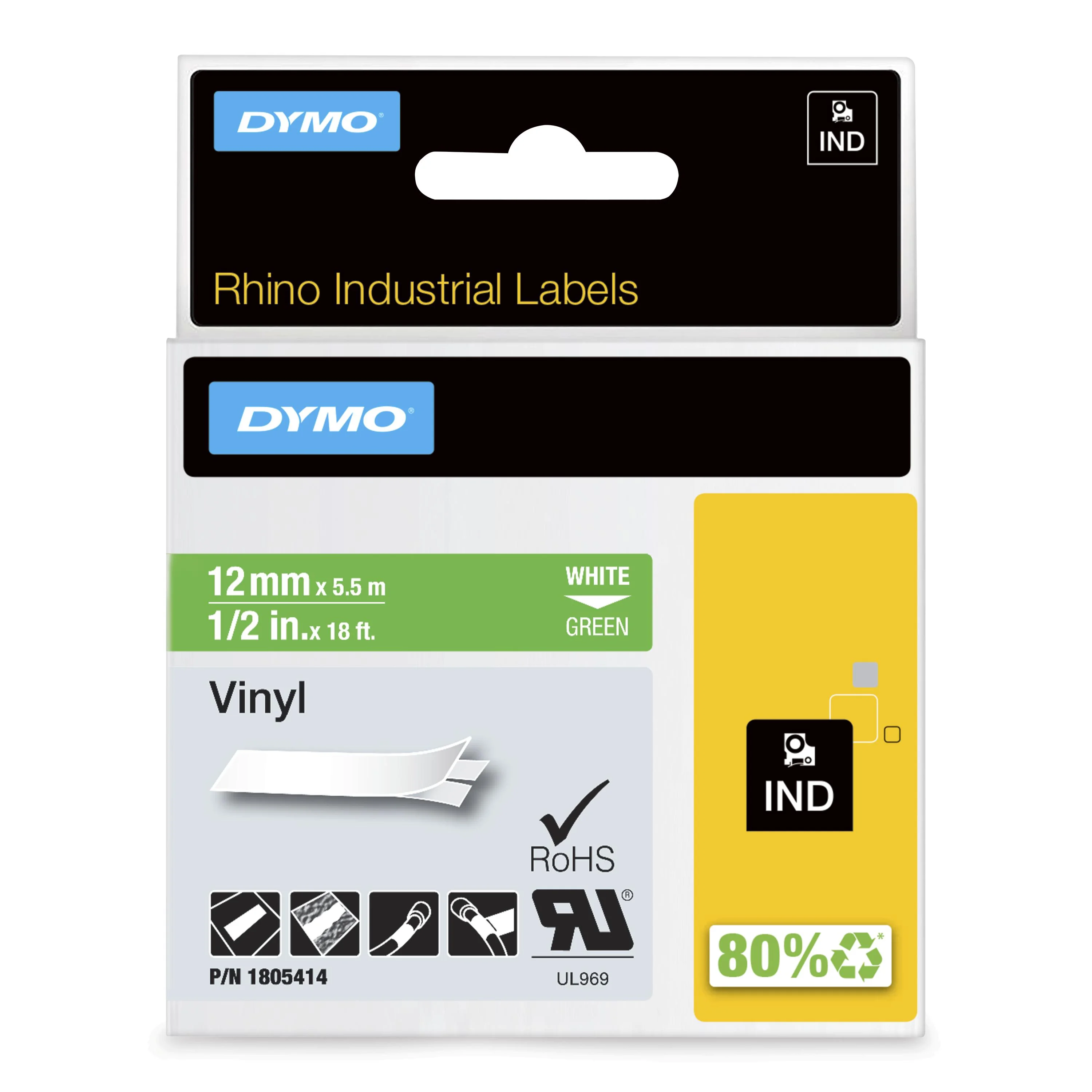 DYMO Rhino-Industrie-Vinyletiketten | 12 mm x 5,5 m | weiß auf grün | selbstklebendes Schriftband