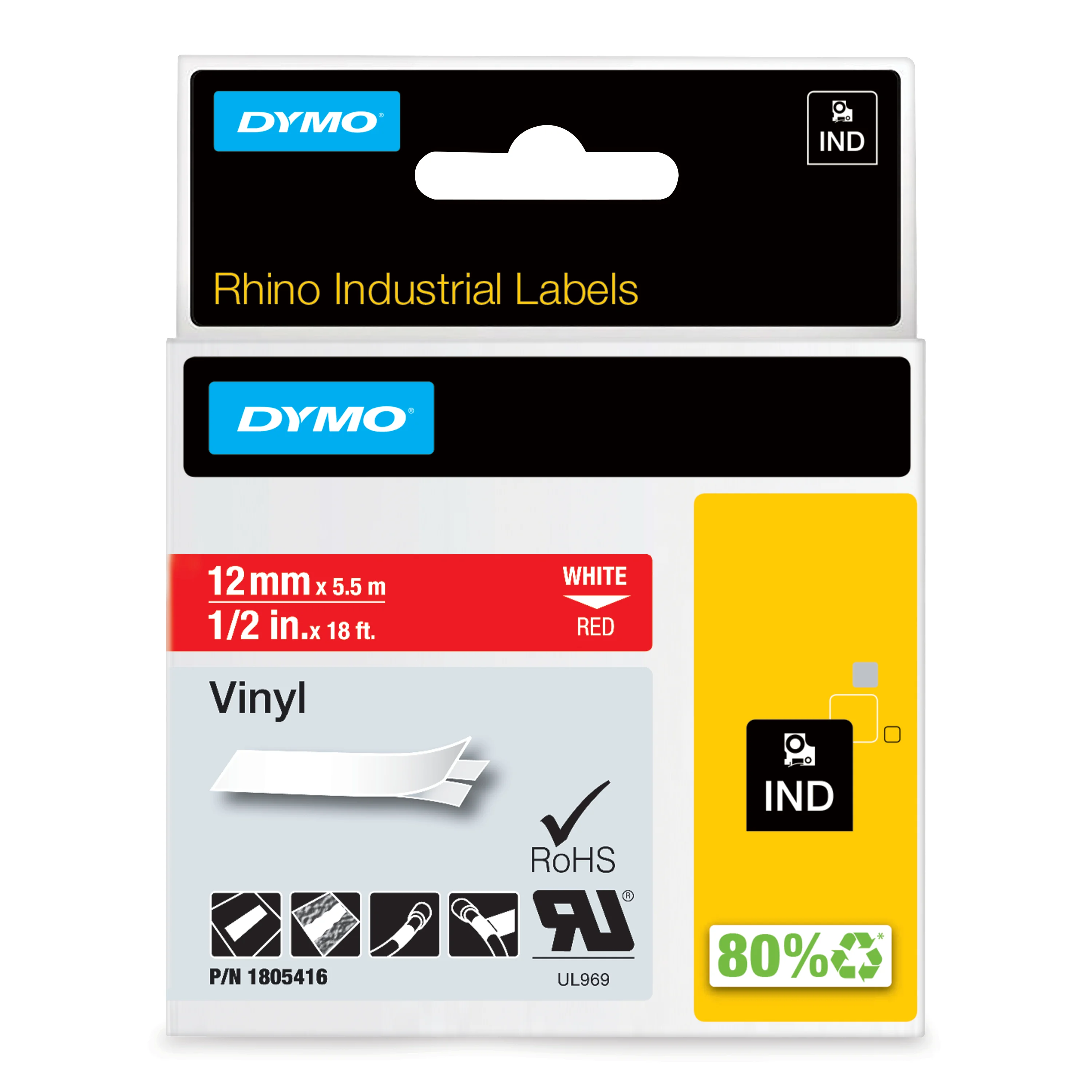 DYMO Rhino-Industrie-Vinyletiketten | 12 mm x 5,5 m | weiß auf rot | selbstklebendes Schriftband | für Rhino und LabelManager Beschriftungsgerät