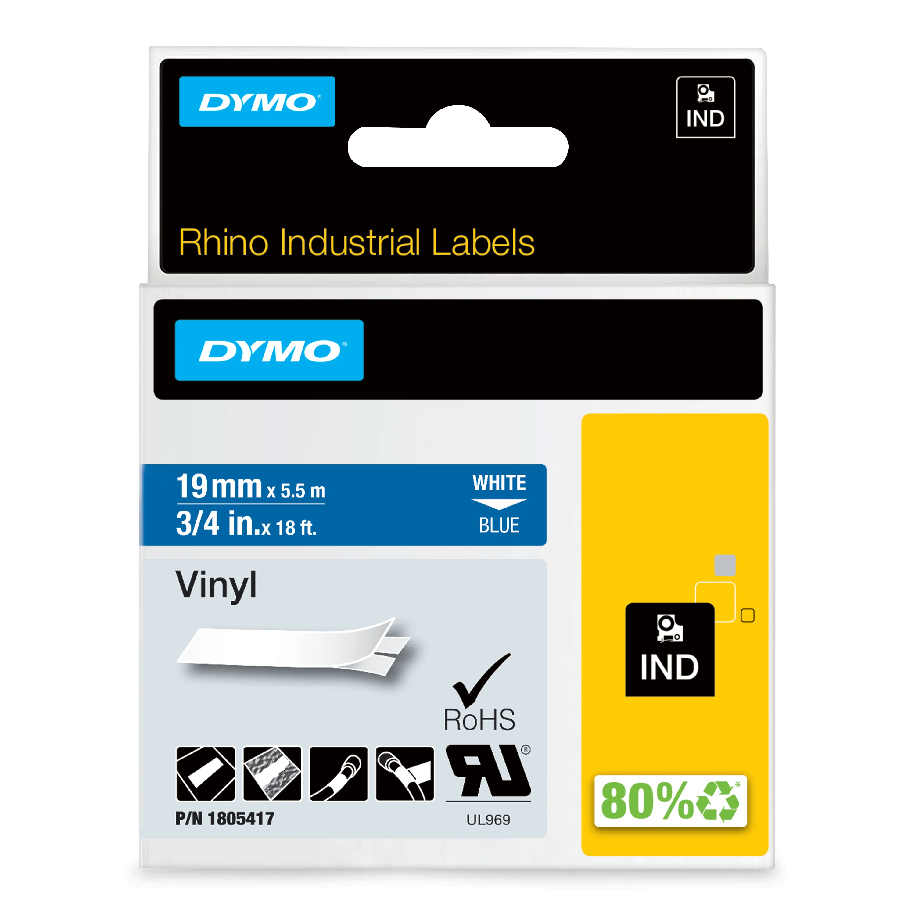 DYMO Rhino-Industrie-Vinyletiketten | 19 mm x 5,5 m | weiß auf blau | selbstklebendes Schriftband | für Rhino und LabelManager Beschriftungsgerät