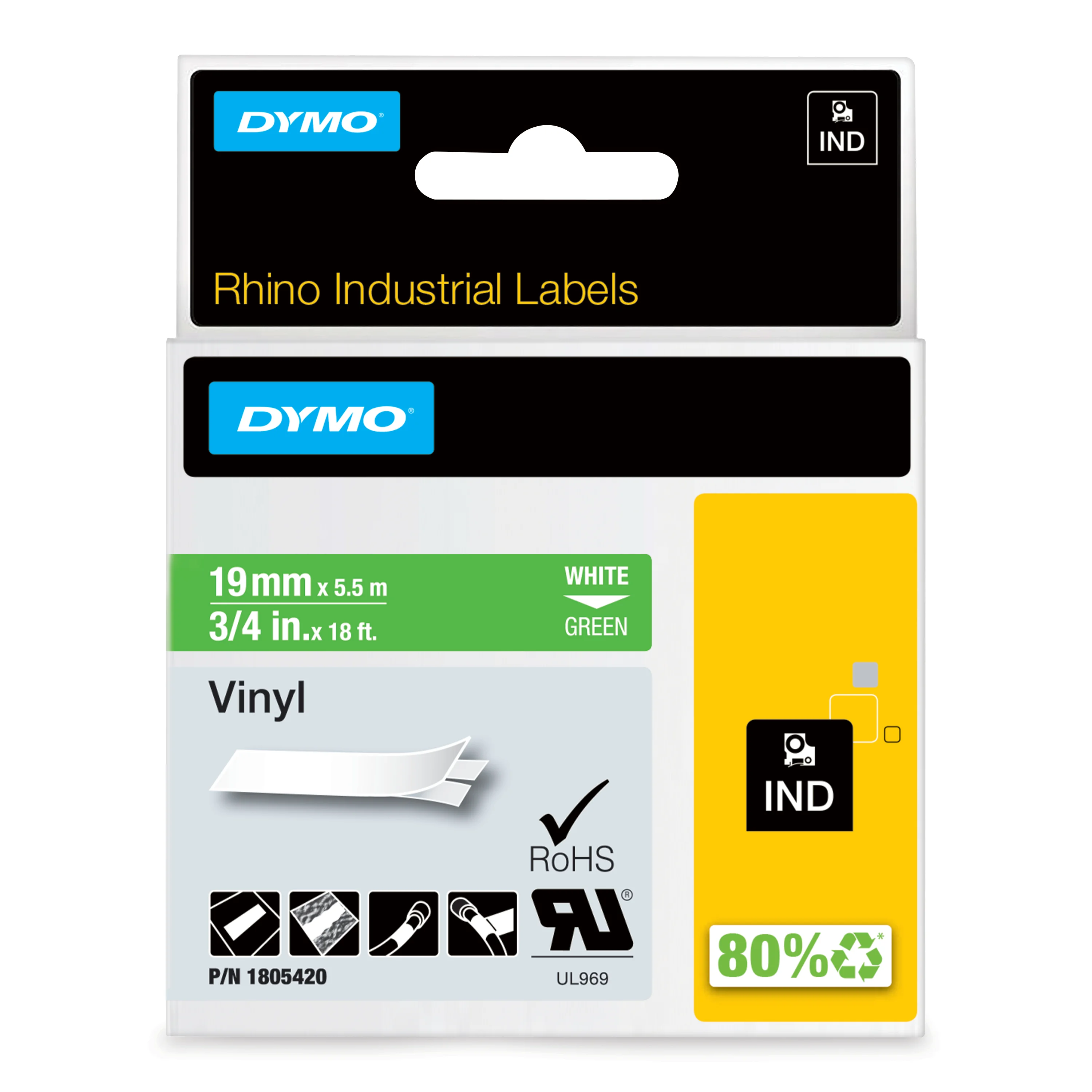 DYMO Rhino-Industrie-Vinyletiketten | 19 mm x 5,5 m | weiß auf grün | selbstklebendes Schriftband | für Rhino und LabelManager Beschriftungsgerät