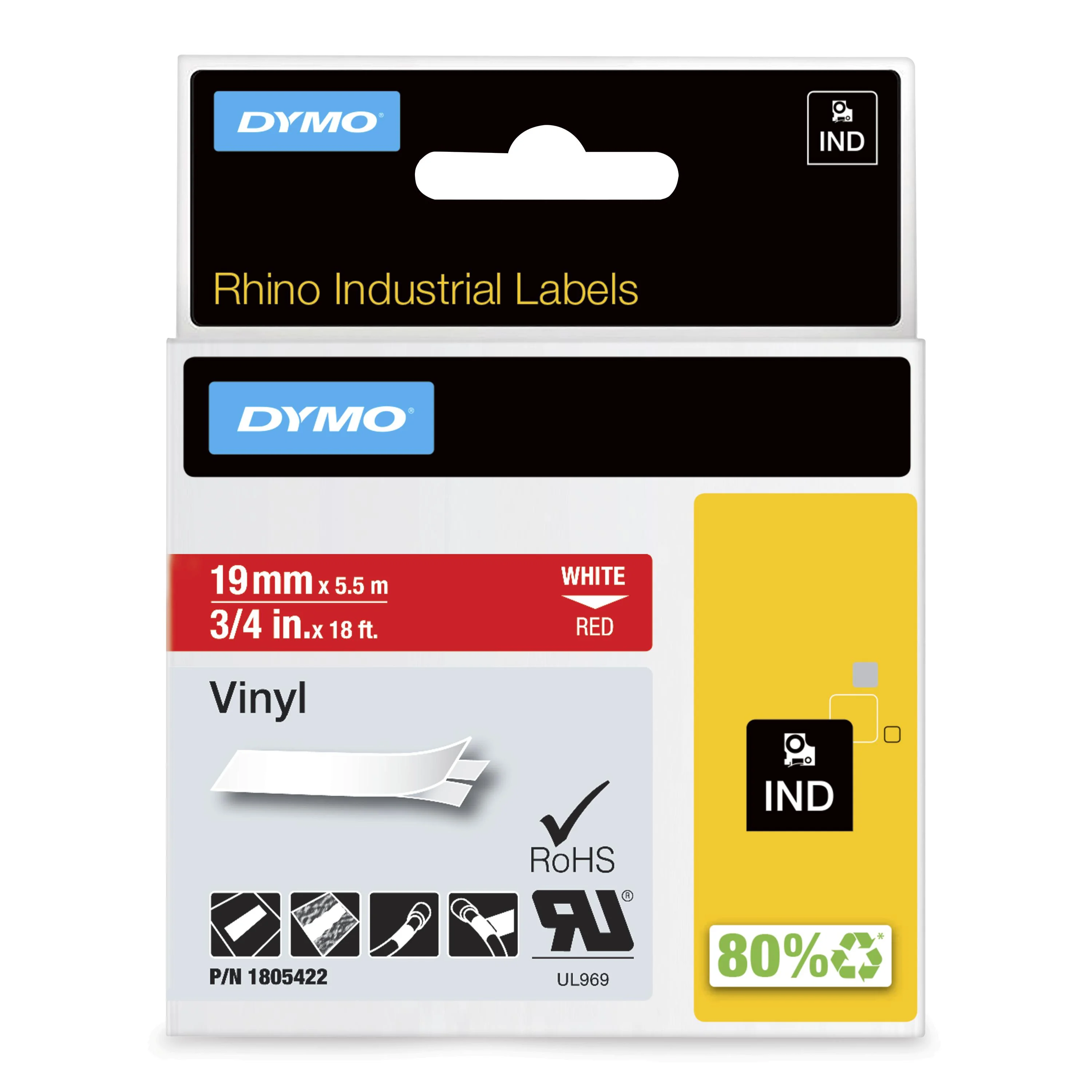 DYMO Rhino-Industrie-Vinyletiketten | 19 mm x 5,5 m | weiß auf rot | selbstklebendes Schriftband | für Rhino und LabelManager Beschriftungsgerät