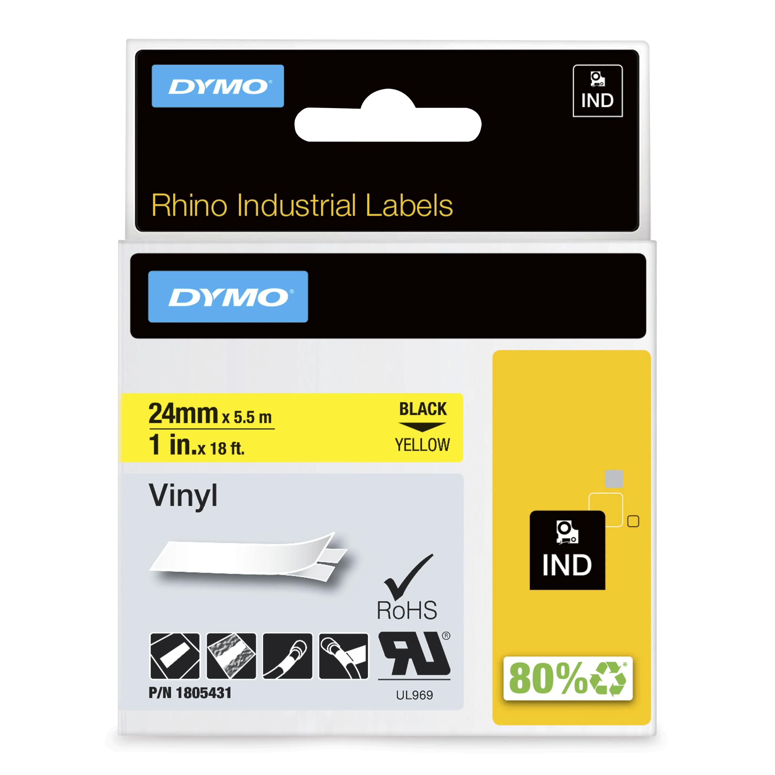 DYMO Rhino-Industrie-Vinyletiketten | 24 mm x 5,5 m | schwarz auf gelb | selbstklebendes Schriftband | für Rhino und LabelManager Beschriftungsgerät