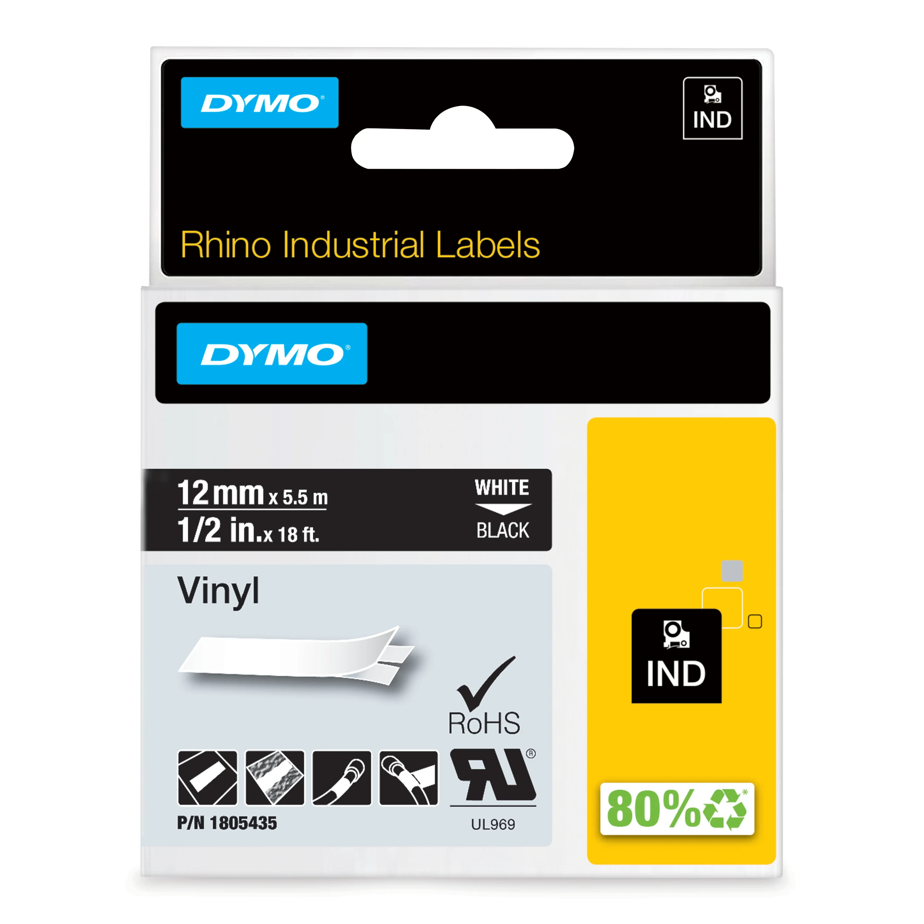 DYMO Rhino-Industrie-Vinyletiketten | 12 mm x 5,5 m | weiß auf schwarz | selbstklebendes Schriftband | für Rhino und LabelManager Beschriftungsgerät