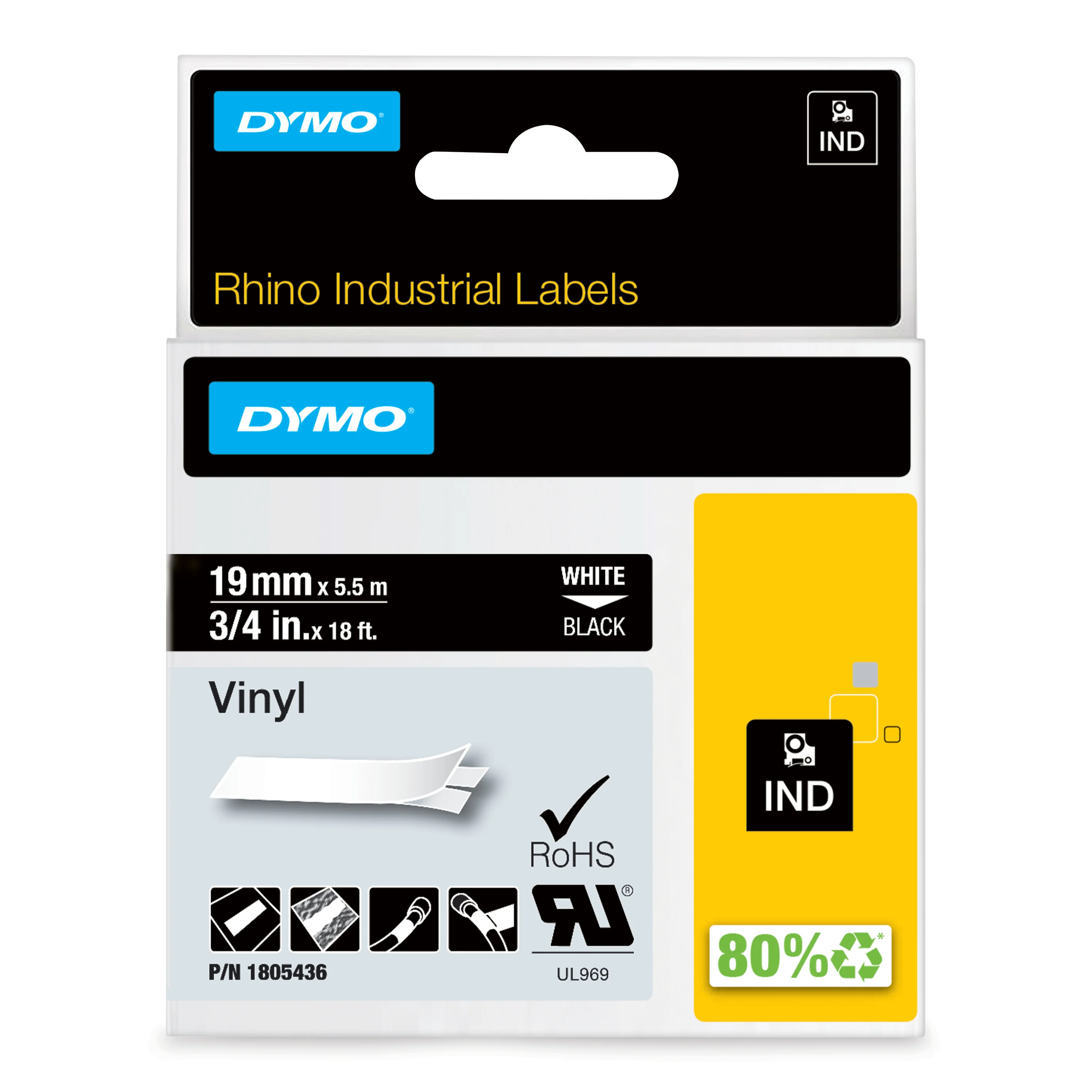 DYMO Rhino-Industrie-Vinyletiketten | 19 mm x 5,5 m | weiß auf schwarz | selbstklebendes Schriftband | für Rhino und LabelManager Beschriftungsgerät