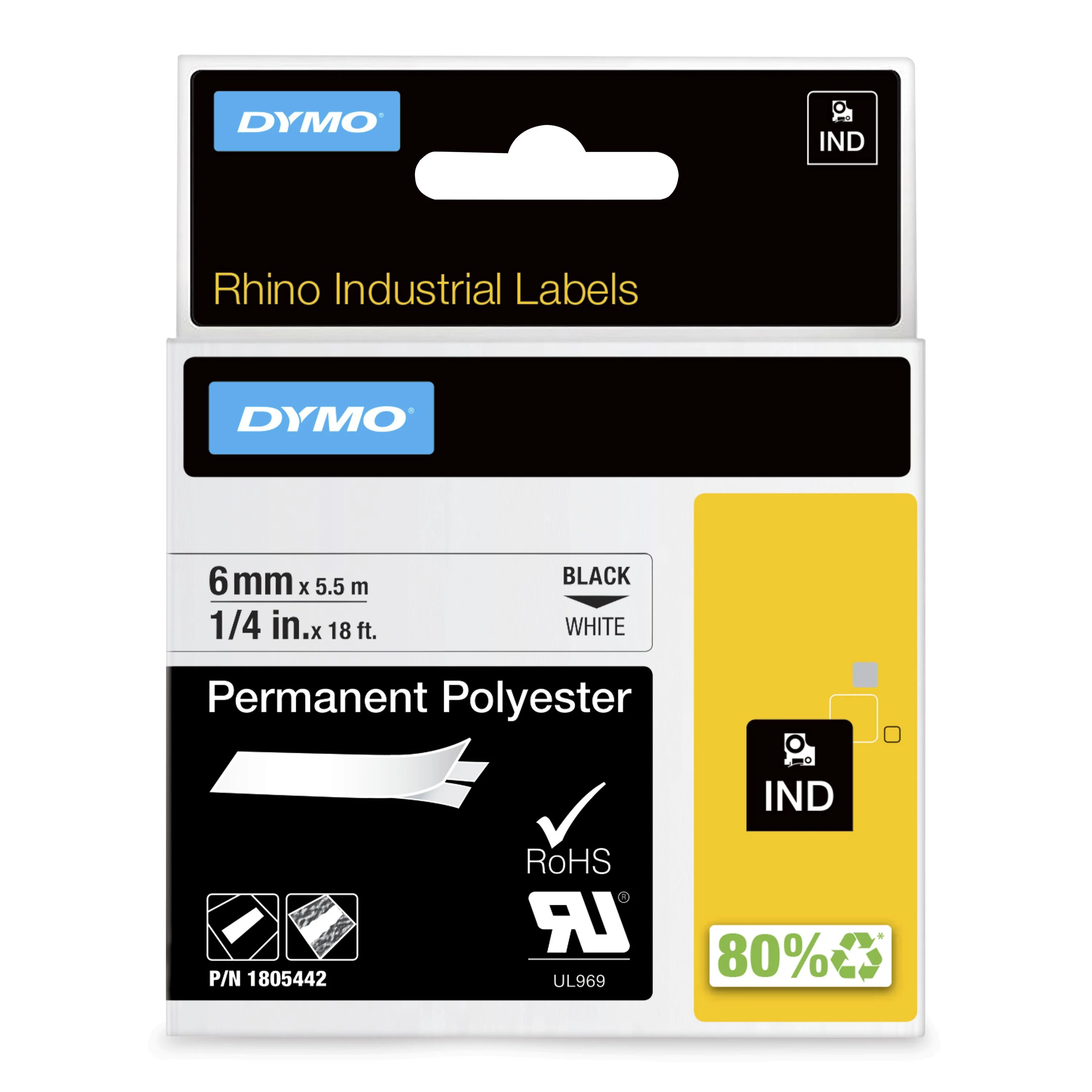 DYMO Rhino Industrie Permanente Polyesteretiketten | 6 mm x 5,5 m | Schwarz auf Weiß | selbstklebendes Schriftband | für Rhino und LabelManager Beschriftungsgerät