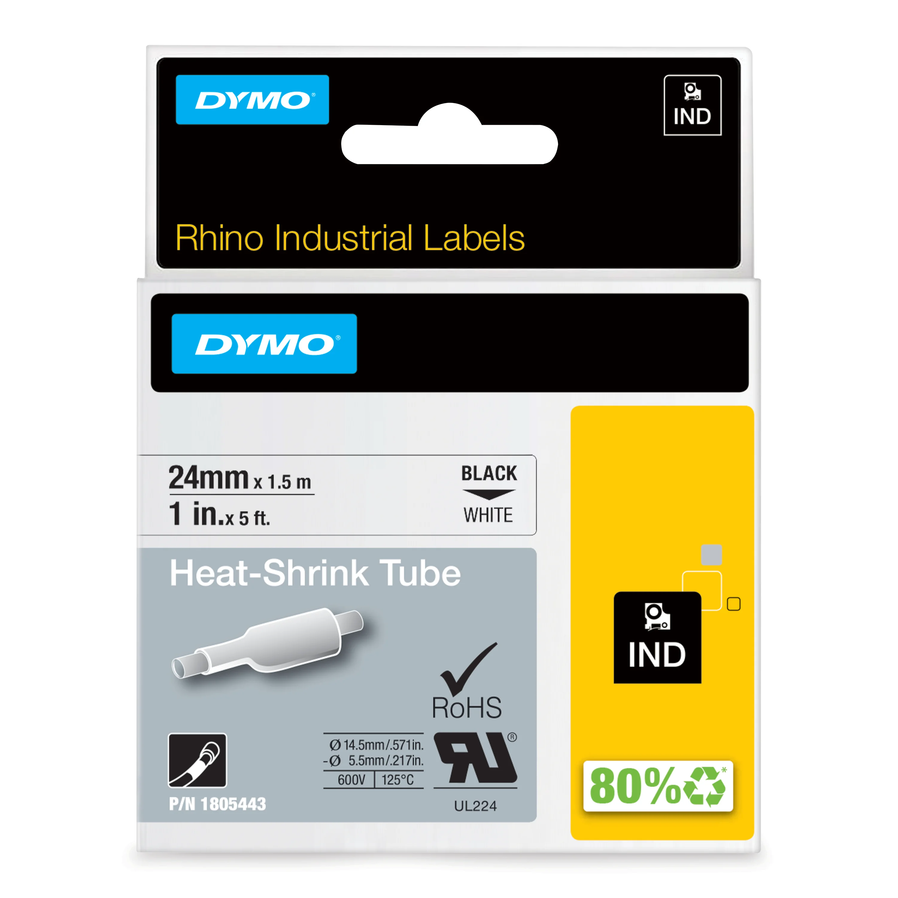 DYMO Rhino Industrie Schrumpfschlauch-Kabeletiketten | 24 mm x 1,5 m | schwarze Schrift auf weißem Untergrund | selbstklebend