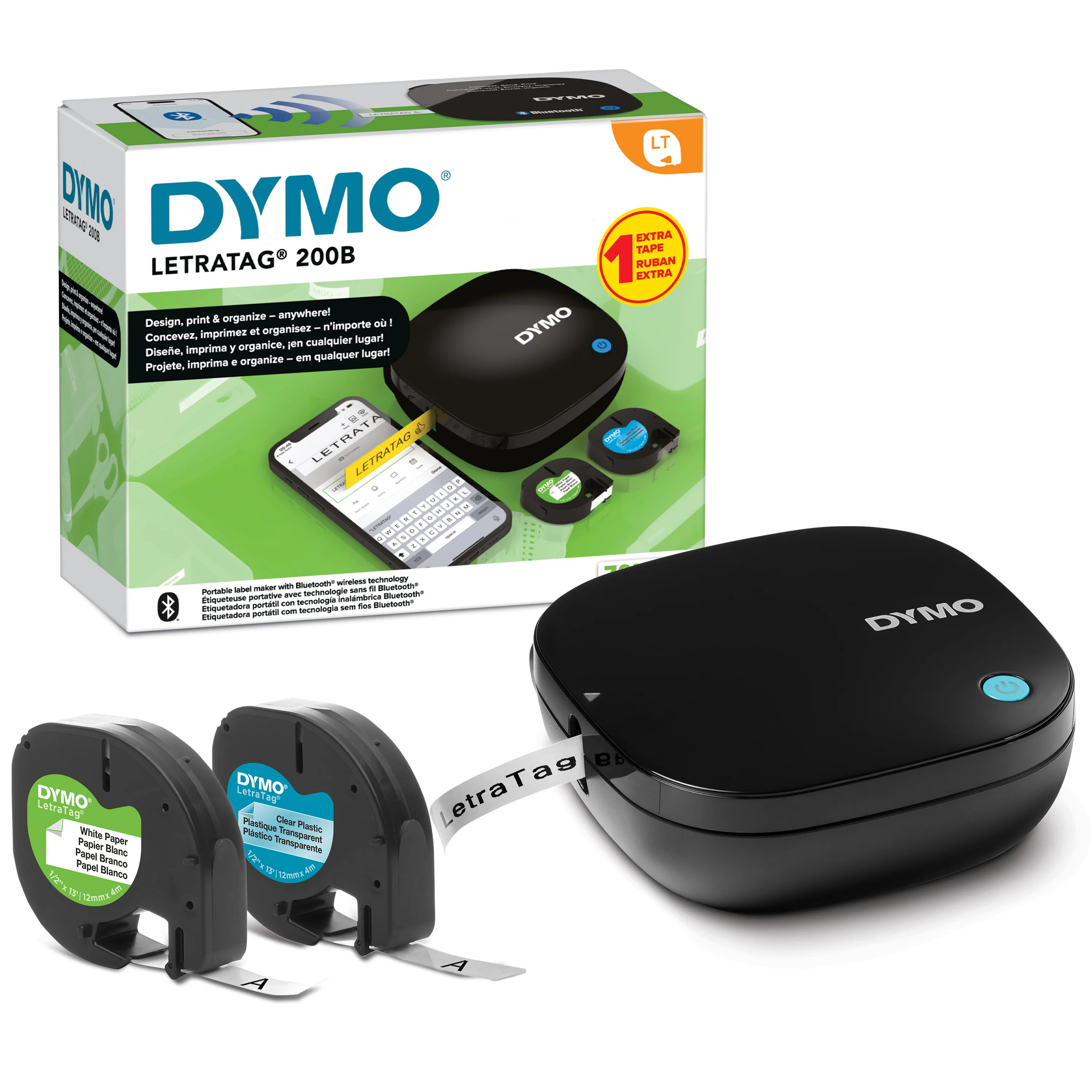 DYMO LetraTag 200B-Beschriftungsgerät mit Bluetooth | kompakter Etikettendrucker | verbindet sich über Wireless Bluetooth-Technologie mit iOS und Android | inklusive 2 x Schriftband