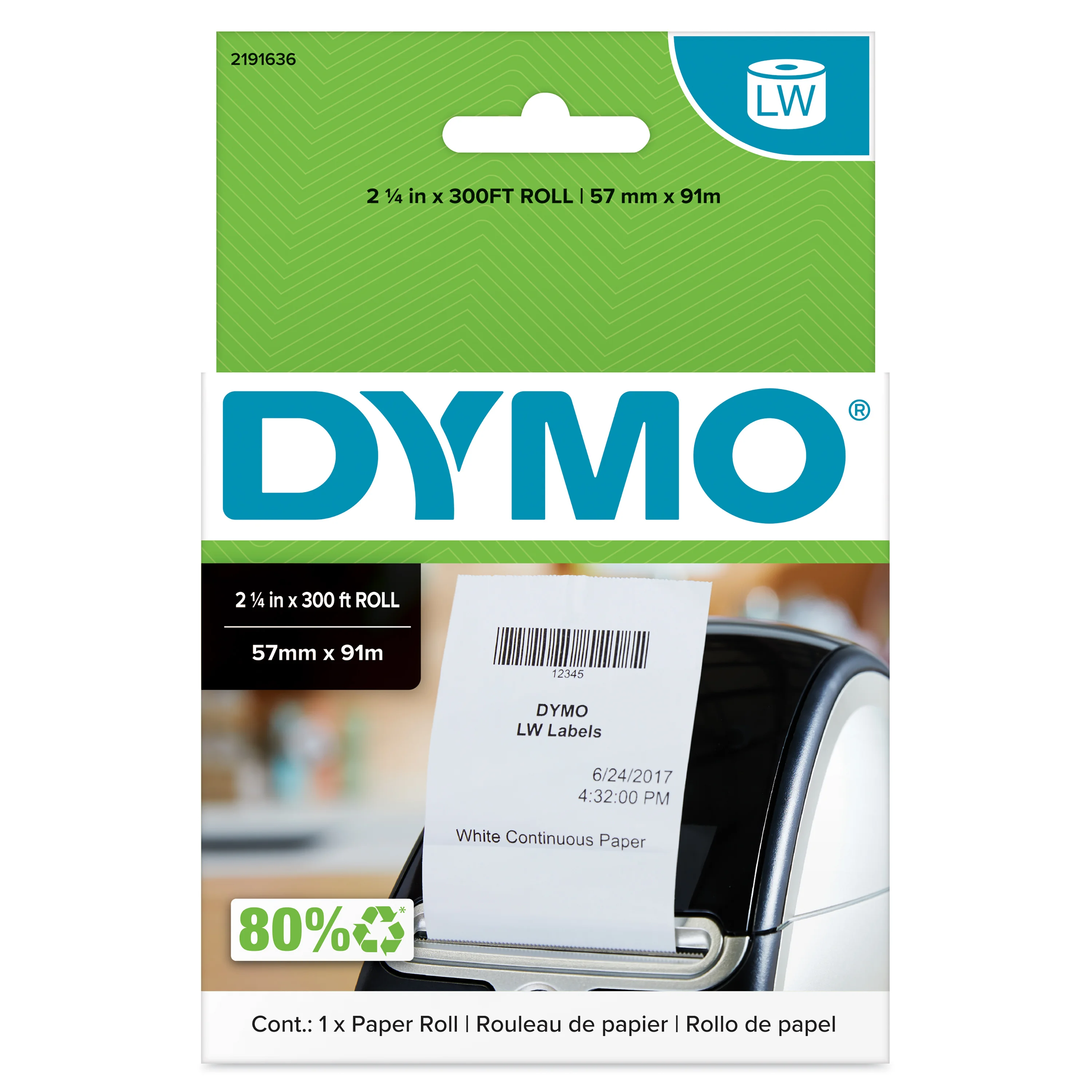 DYMO LabelWriter-Bonrolle, 57 mm x 91 m, weiß
