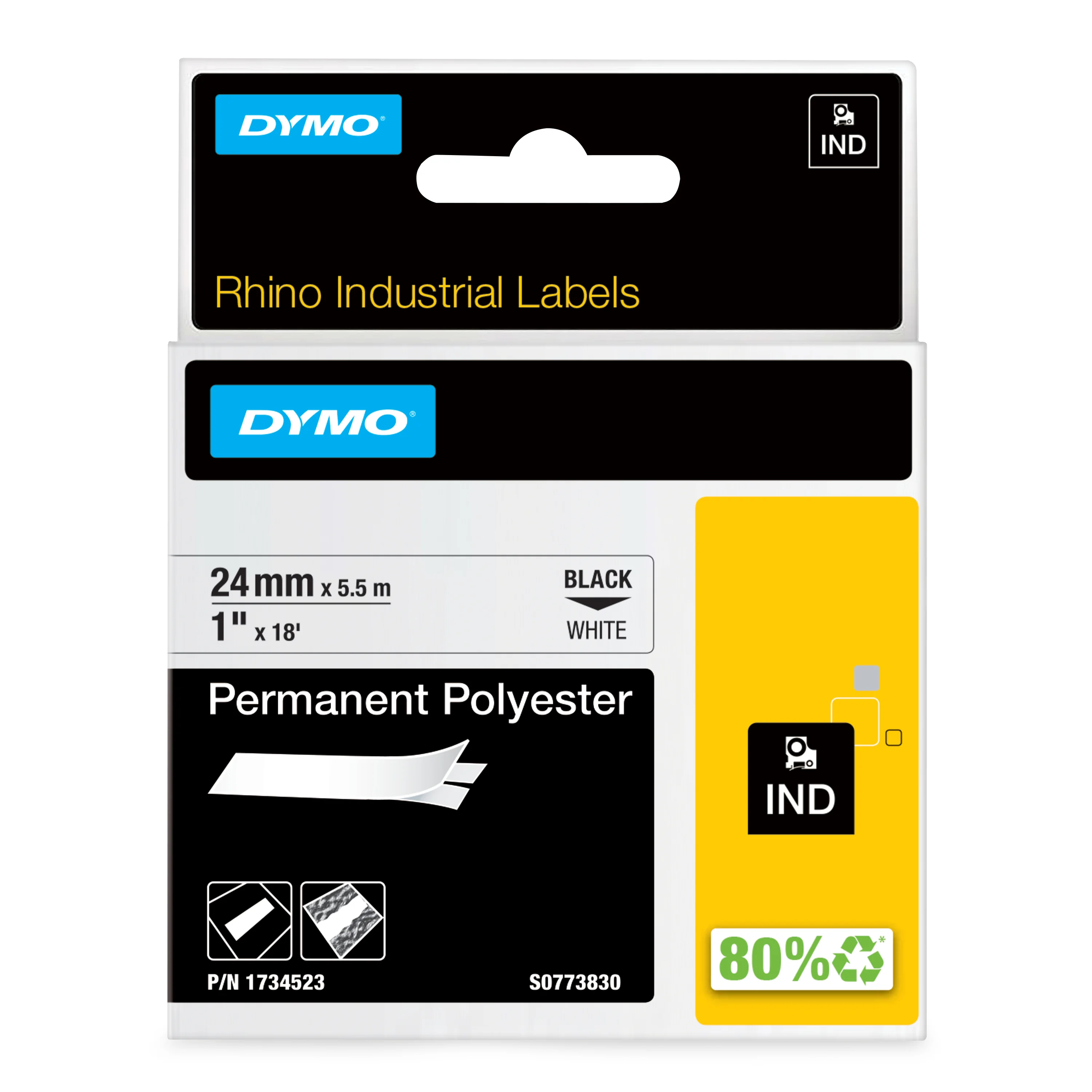 DYMO Rhino Industrie Permanente Polyesteretiketten | 24 mm x 5,5 m | Schwarz auf Weiß | selbstklebendes Schriftband | für Rhino und LabelManager Beschriftungsgerät