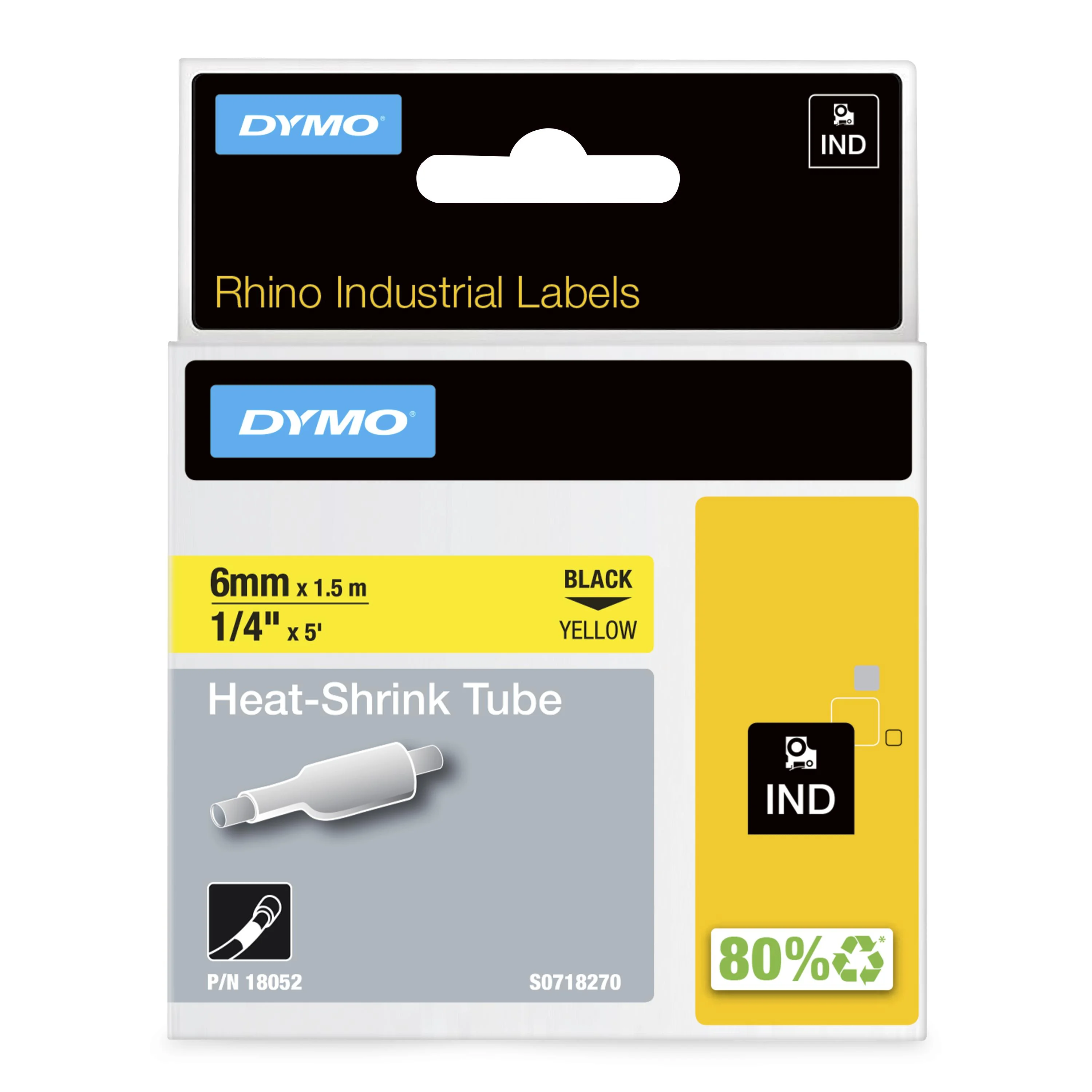 DYMO Rhino Industrie Schrumpfschlauch-Kabeletiketten | 6 mm1,5 m | Schwarz auf gelb | für Rhino Beschriftungsgerät