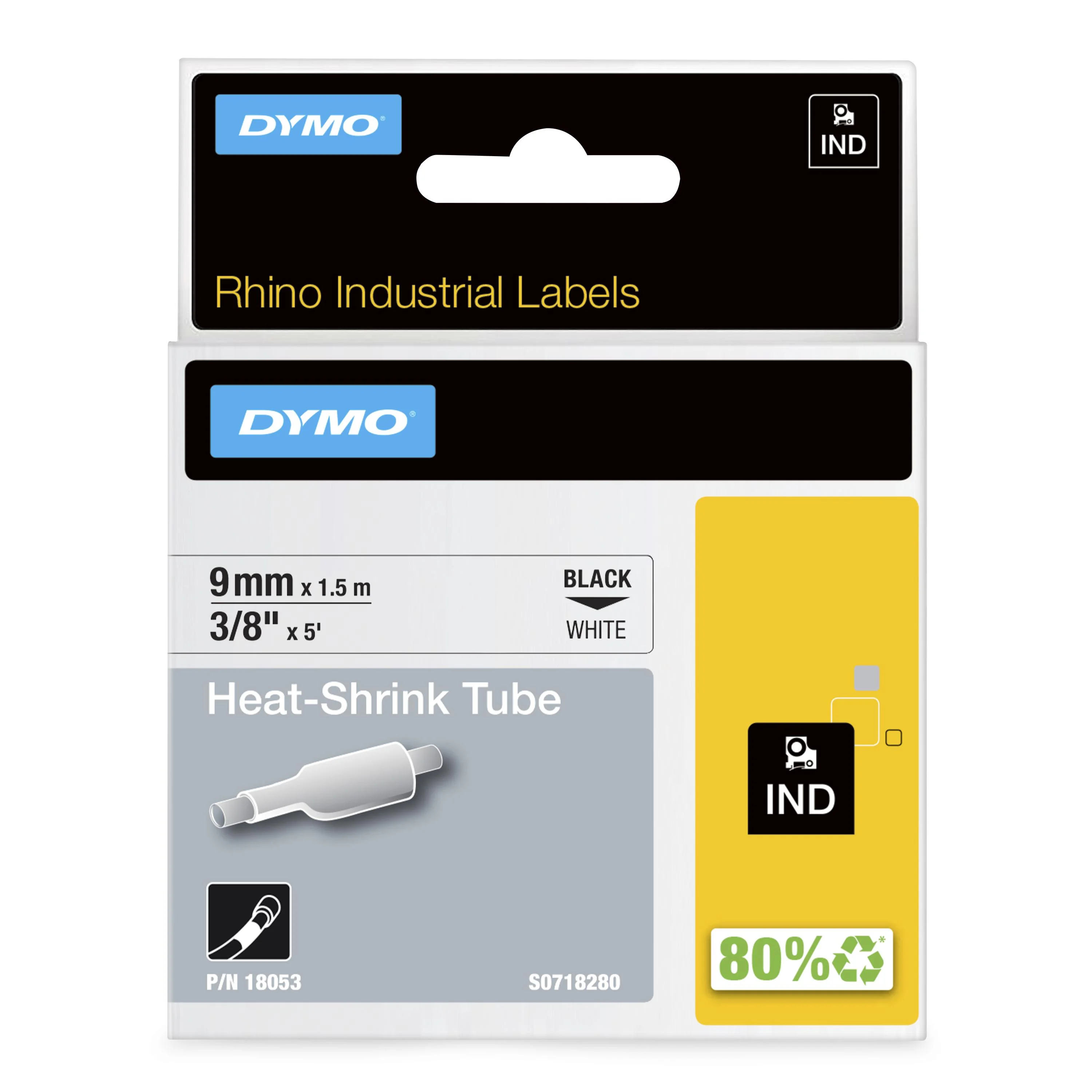 DYMO Rhino Industrie Schrumpfschlauch-Kabeletiketten | 9 mm1,5 m | Schwarz auf weiß | für Rhino Beschriftungsgerät