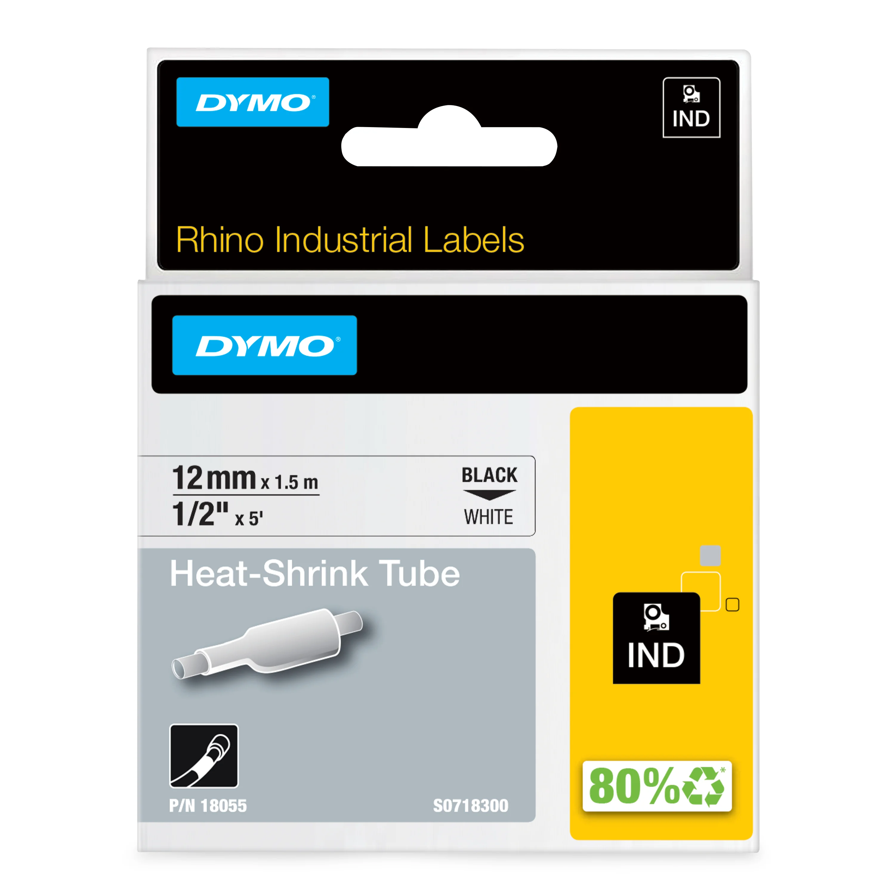 DYMO Rhino Industrie Schrumpfschlauch-Kabeletiketten | 12 mm1,5 m | Schwarz auf weiß | für Rhino Beschriftungsgerät