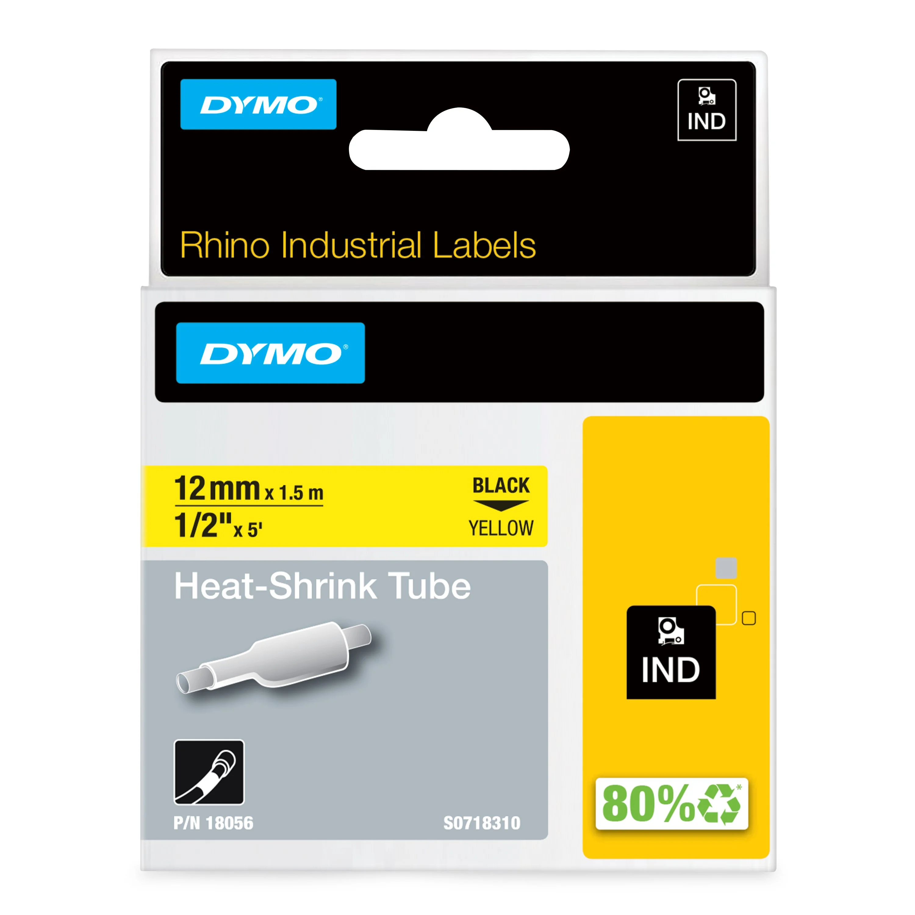 DYMO Rhino Industrie Schrumpfschlauch-Kabeletiketten | 12 mm1,5 m | Schwarz auf gelb | für Rhino Beschriftungsgerät