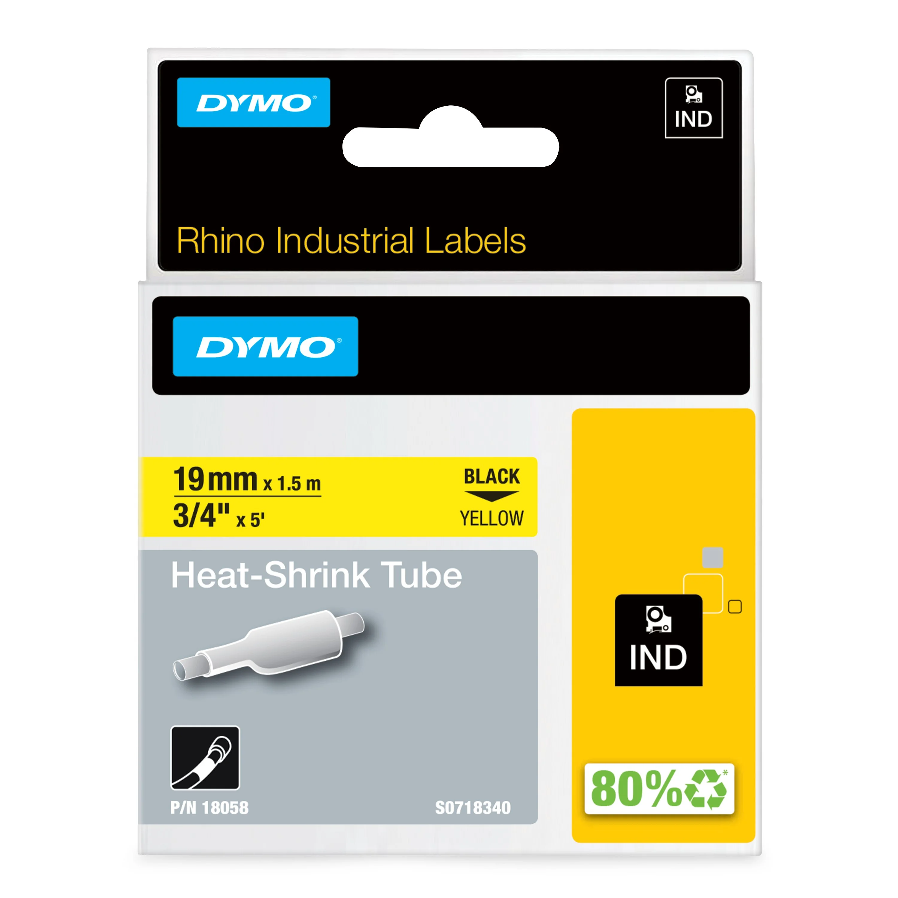 DYMO Rhino Industrie Schrumpfschlauch-Kabeletiketten | 19 mm x 1,5 m | Schwarz auf gelb | für Rhino Beschriftungsgerät