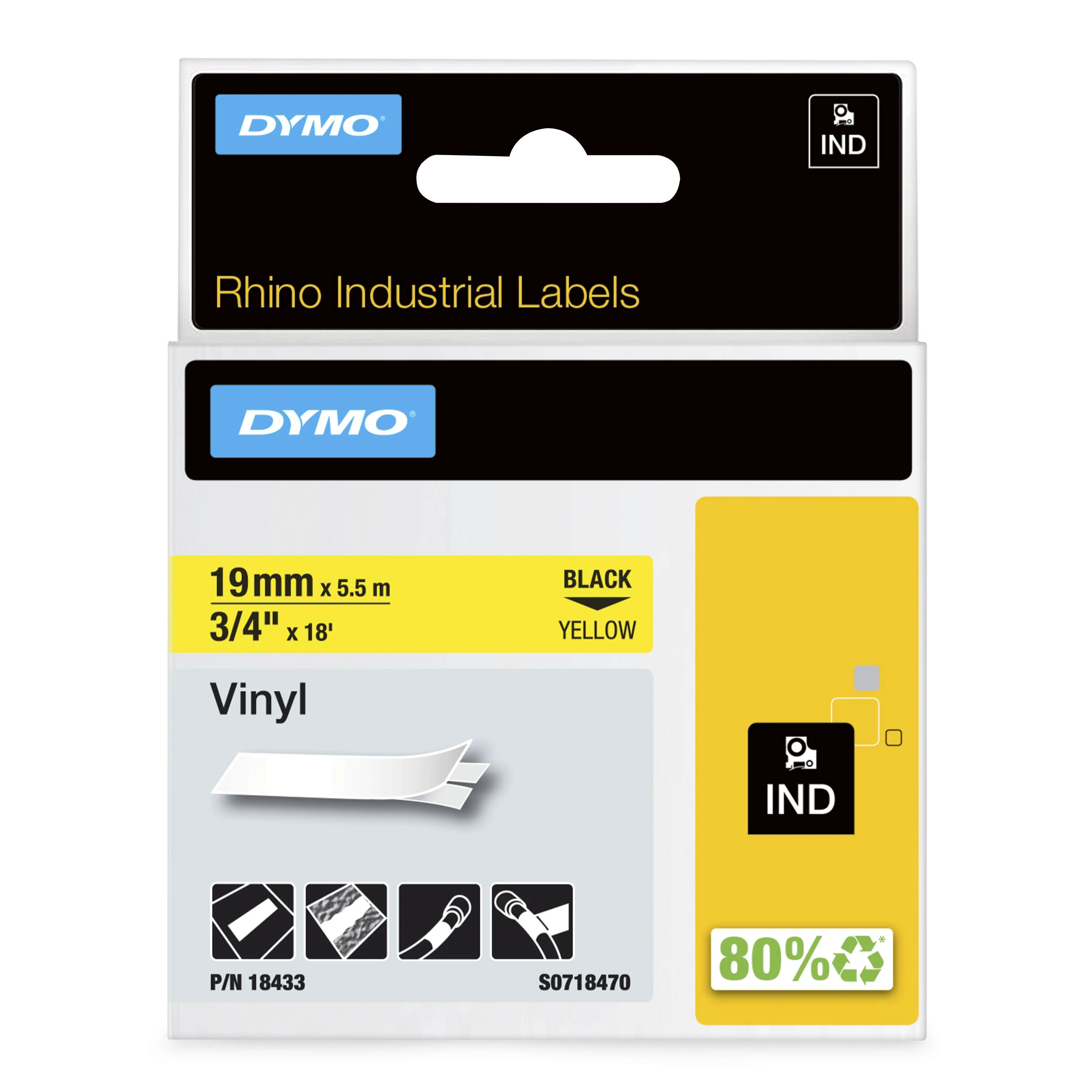 DYMO Rhino-Industrie-Vinyletiketten | 19 mm x 5,5 m | schwarz auf gelb | selbstklebendes Schriftband | für Rhino und LabelManager Beschriftungsgerät