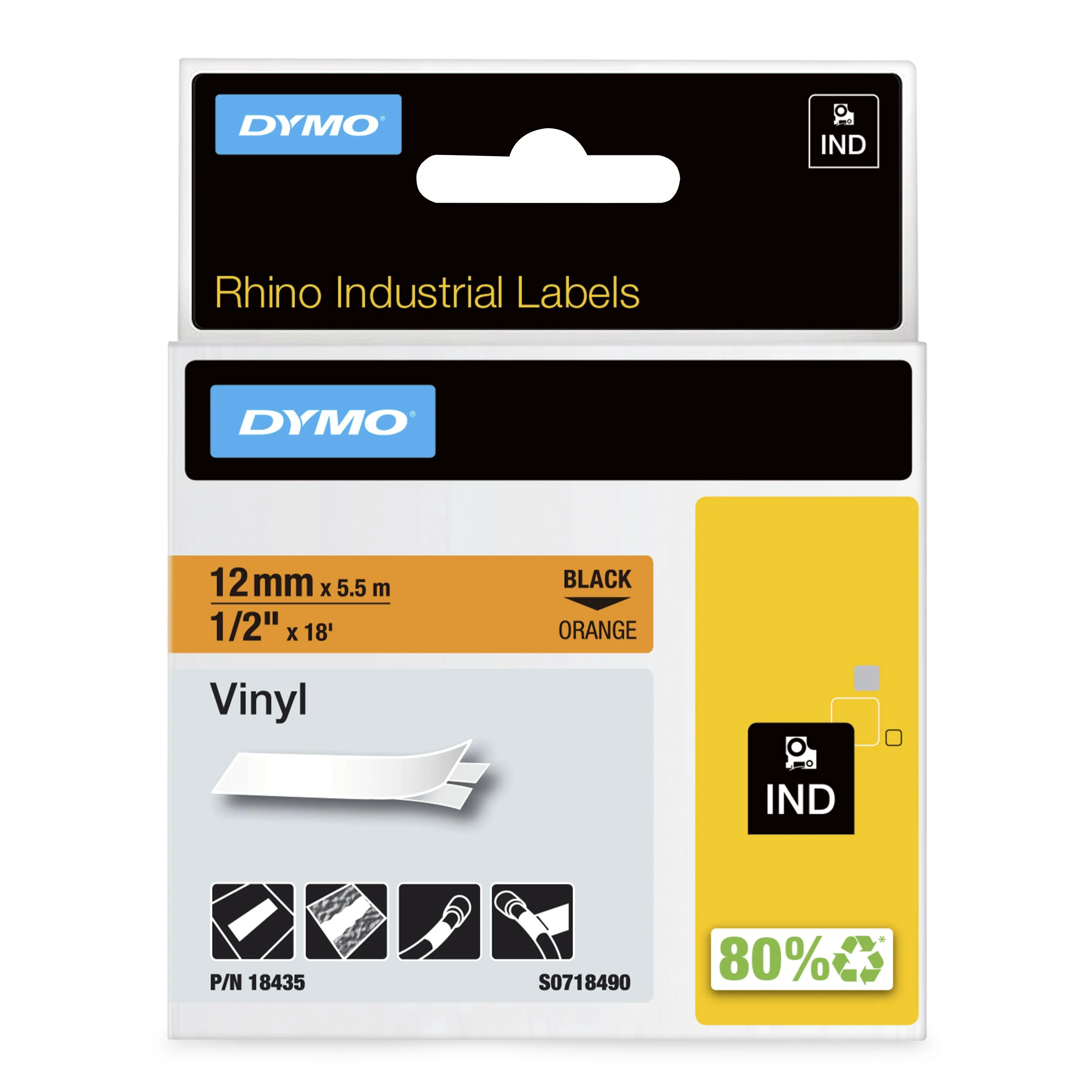 DYMO Rhino-Industrie-Vinyletiketten | 12 mm x 5,5 m | schwarz auf orange | selbstklebendes Schriftband | für Rhino und LabelManager Beschriftungsgerät