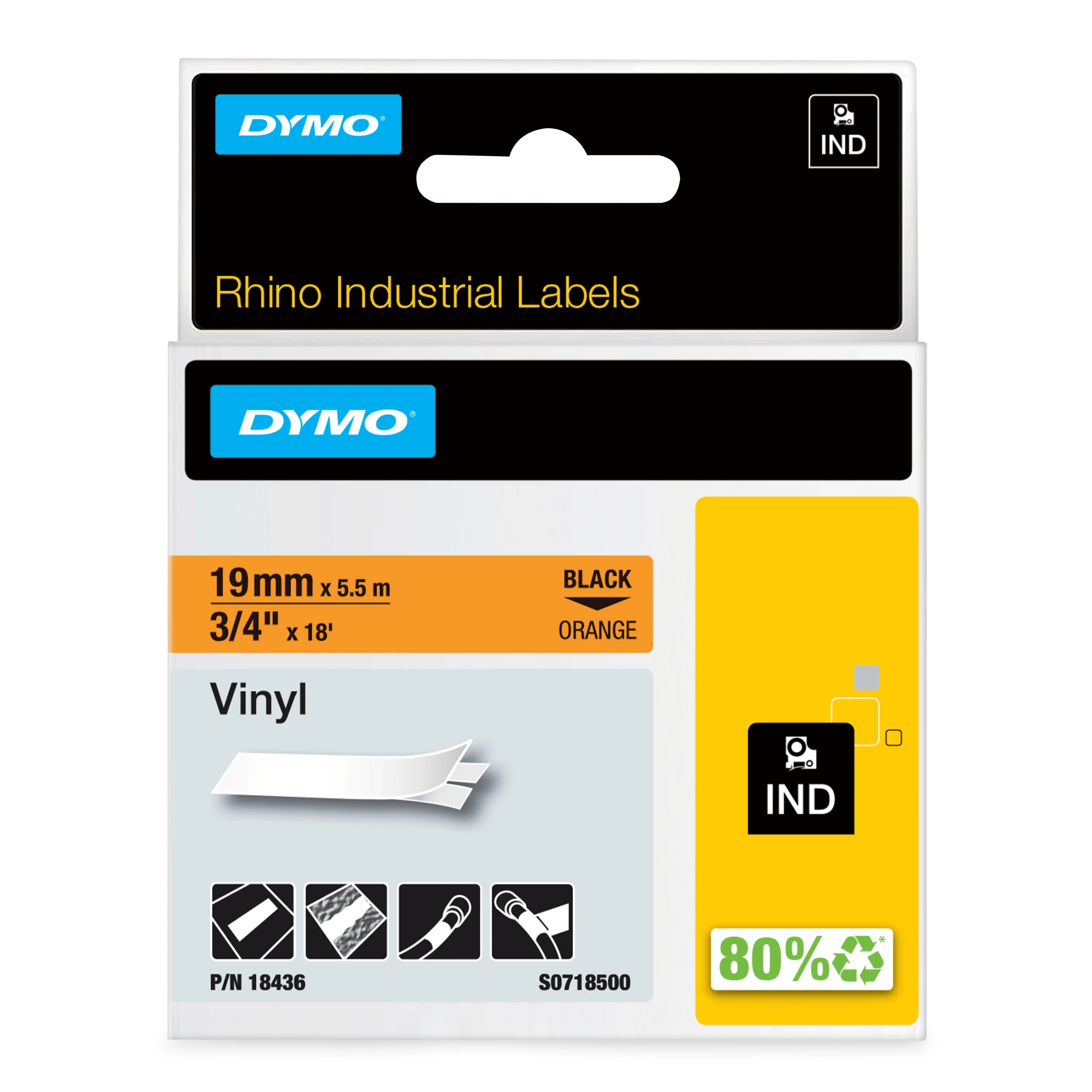 DYMO Rhino-Industrie-Vinyletiketten | 19 mm x 5,5 m | schwarz auf orange | selbstklebendes Schriftband | für Rhino und LabelManager Beschriftungsgerät