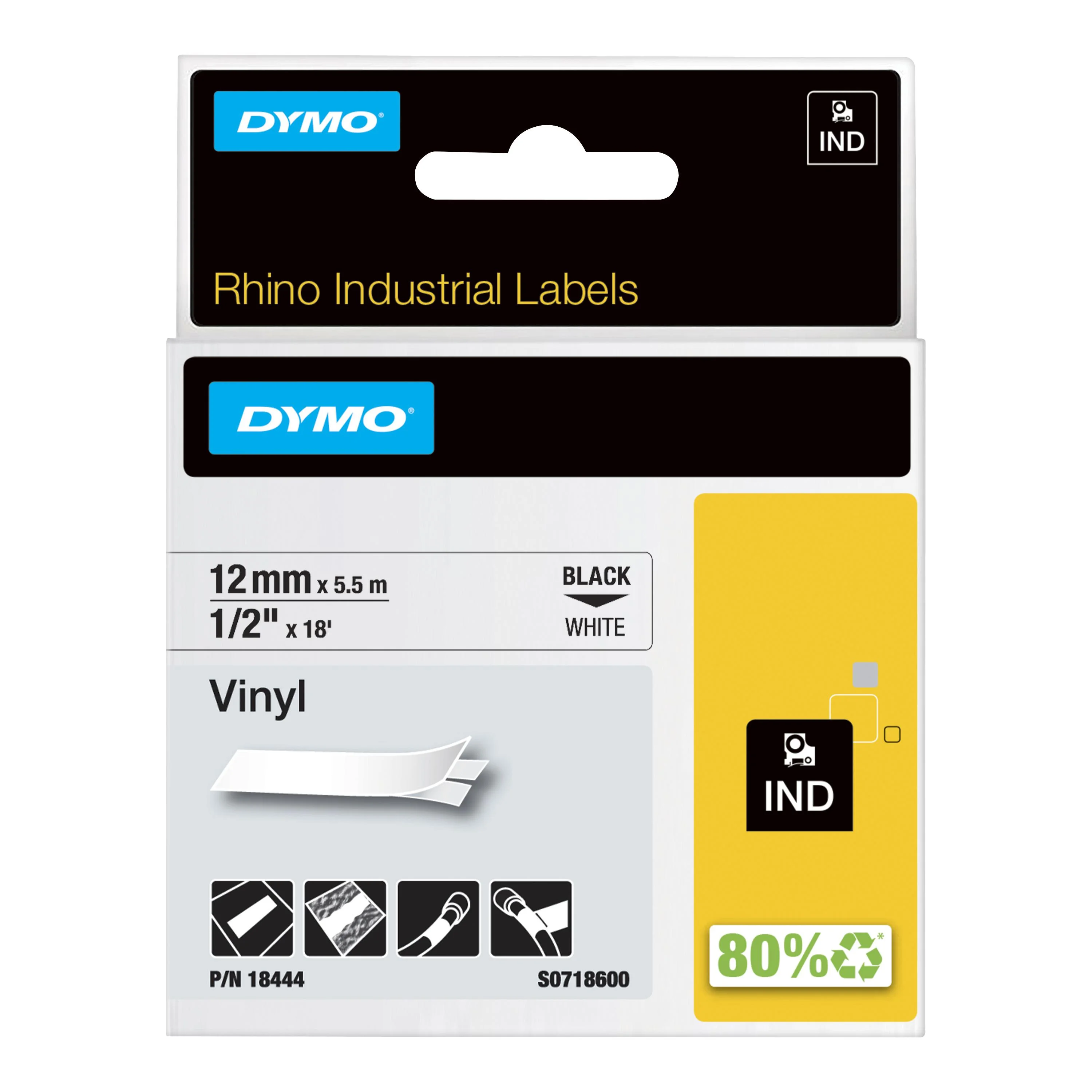 DYMO Rhino-Industrie-Vinyletiketten | 12 mm x 5,5 m | schwarz auf weiß | selbstklebendes Schriftband | für Rhino und LabelManager Beschriftungsgerät