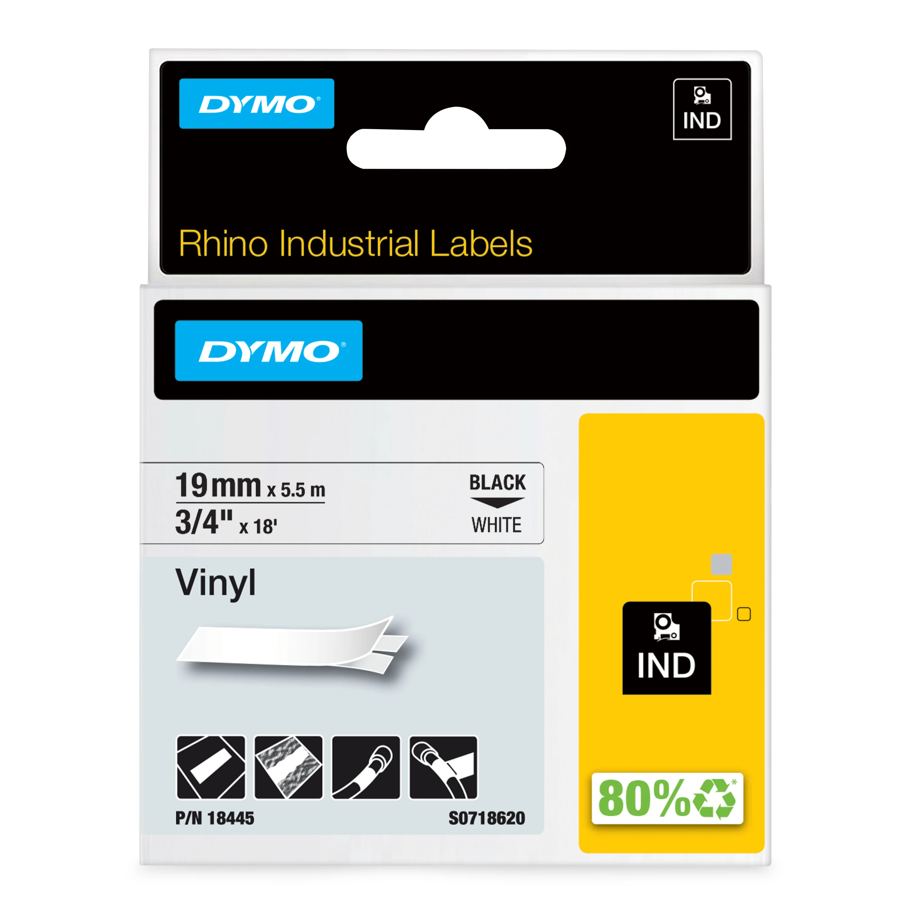 DYMO Rhino-Industrie-Vinyletiketten | 19 mm x 5,5 m | schwarz auf weiß | selbstklebendes Schriftband | für Rhino und LabelManager Beschriftungsgerät