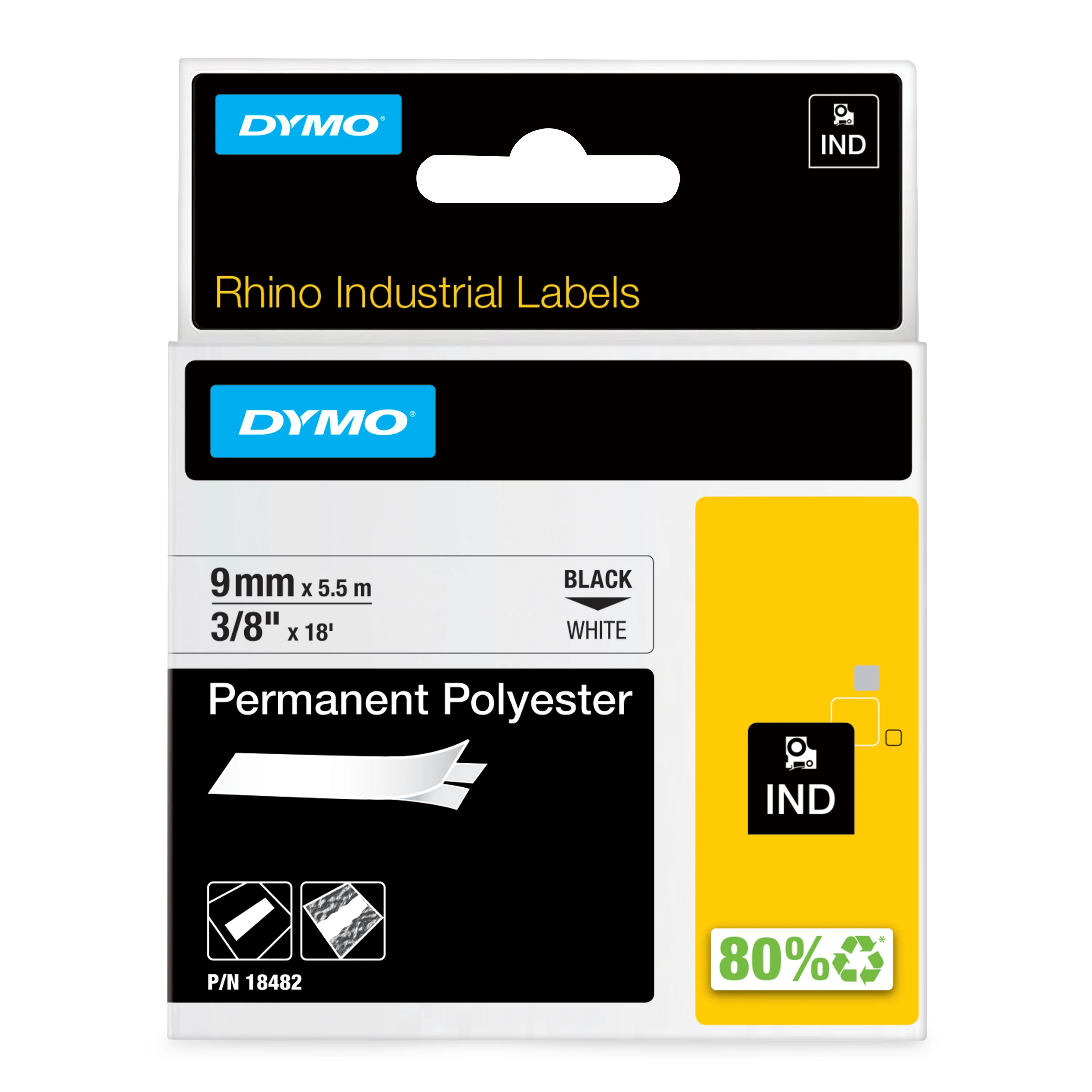 DYMO Rhino Industrie Permanente Polyesteretiketten | 9 mm x 5,5 m | Schwarz auf Weiß | selbstklebendes Schriftband | für Rhino und LabelManager Beschriftungsgerät