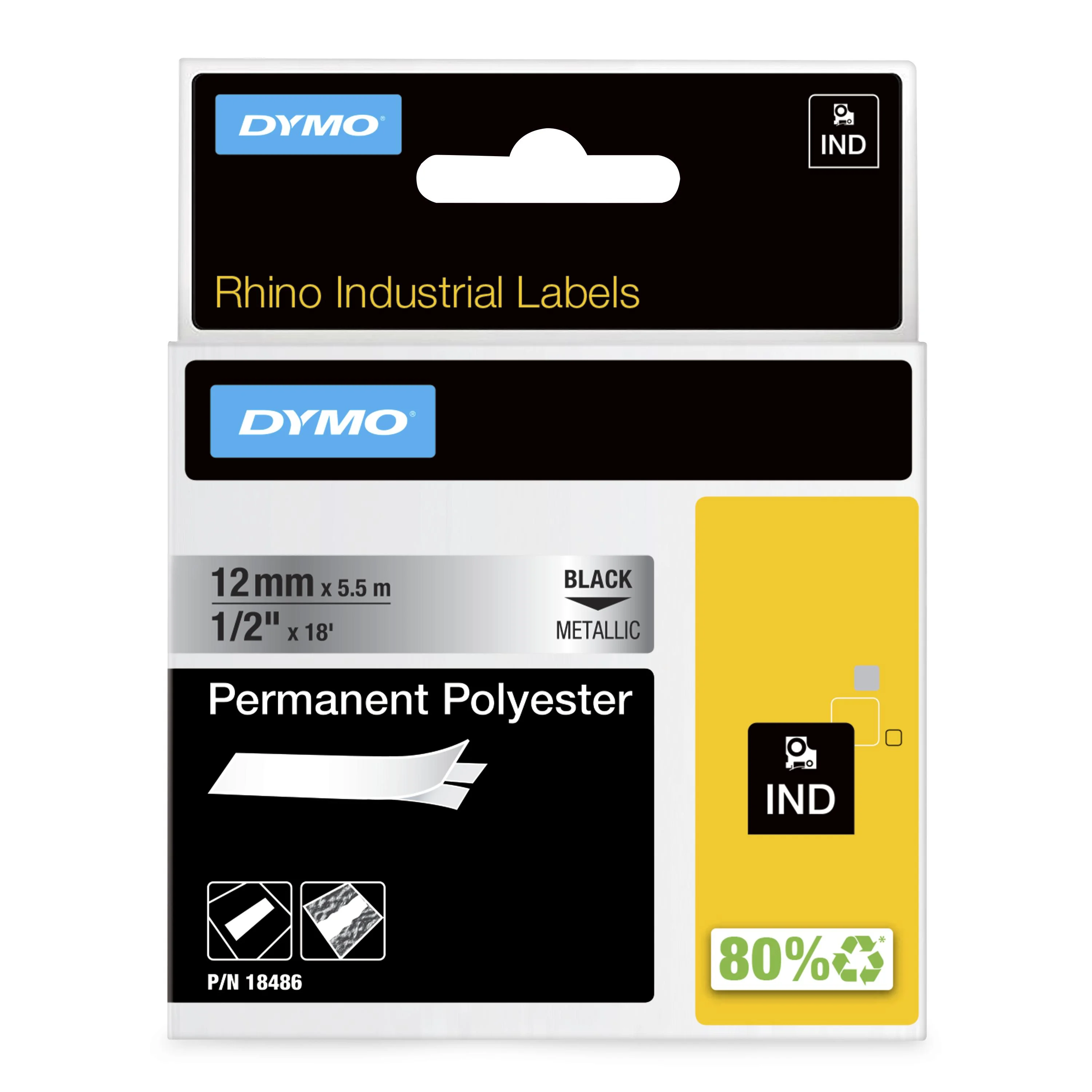 DYMO Rhino Industrie Permanente Polyesteretiketten | 12 mm x 5,5 m | Schwarz auf Metallic | selbstklebendes Schriftband | für Rhino und LabelManager Beschriftungsgerät
