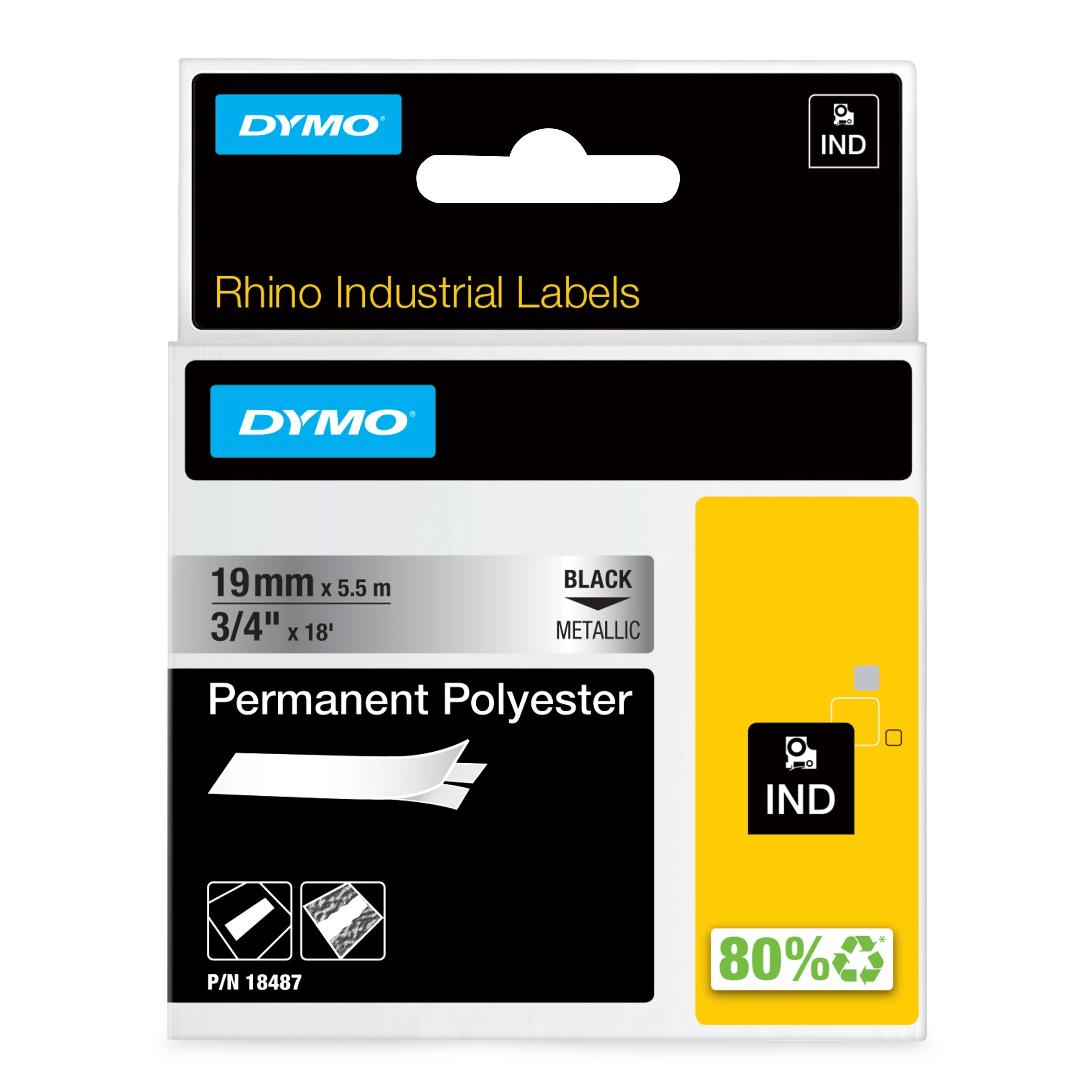 DYMO Rhino Industrie Permanente Polyesteretiketten | 6 mm x 5,5 m | Schwarz auf Metallic | selbstklebendes Schriftband | für Rhino und LabelManager Beschriftungsgerät