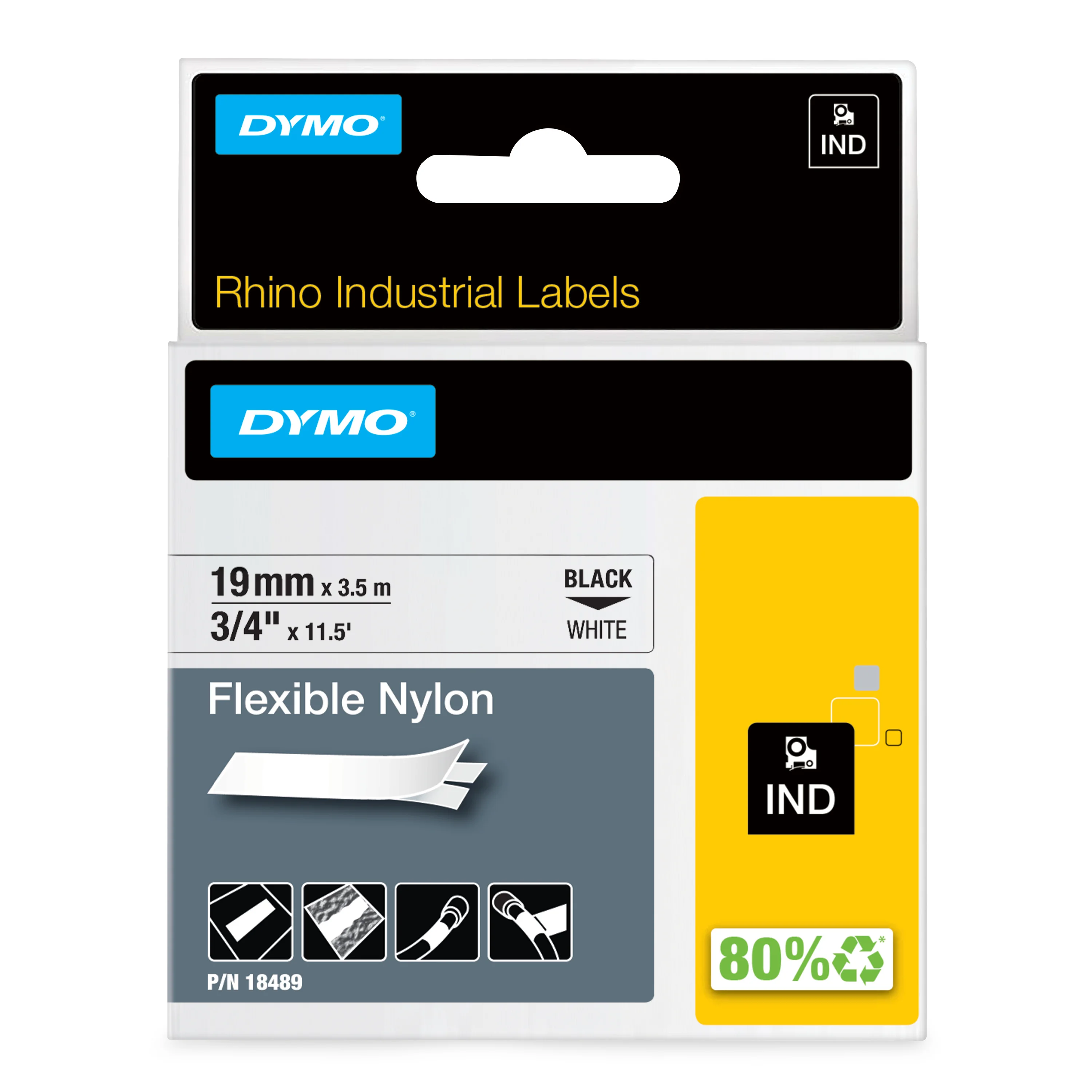 DYMO Rhino Industrie Nylonetiketten | flexibel | 19 mm x 3,5 m | schwarze Schrift auf weißem Untergrund | selbstklebendes Schriftband