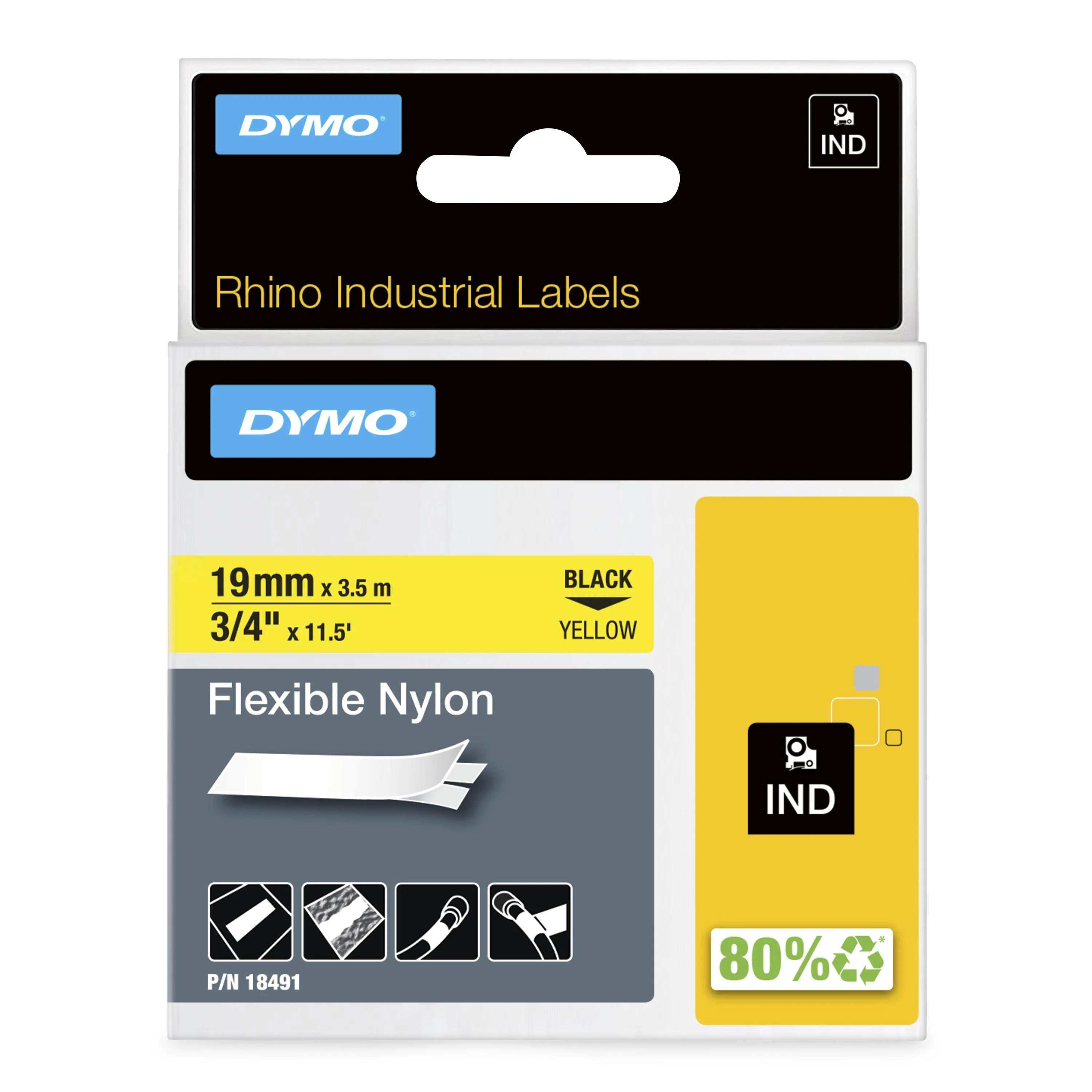 DYMO Rhino Industrie Nylonetiketten | flexibel | 19 mm x 3,5 m | schwarz auf gelb | selbstklebendes Schriftband | für Rhino und LabelManager Beschriftungsgerät