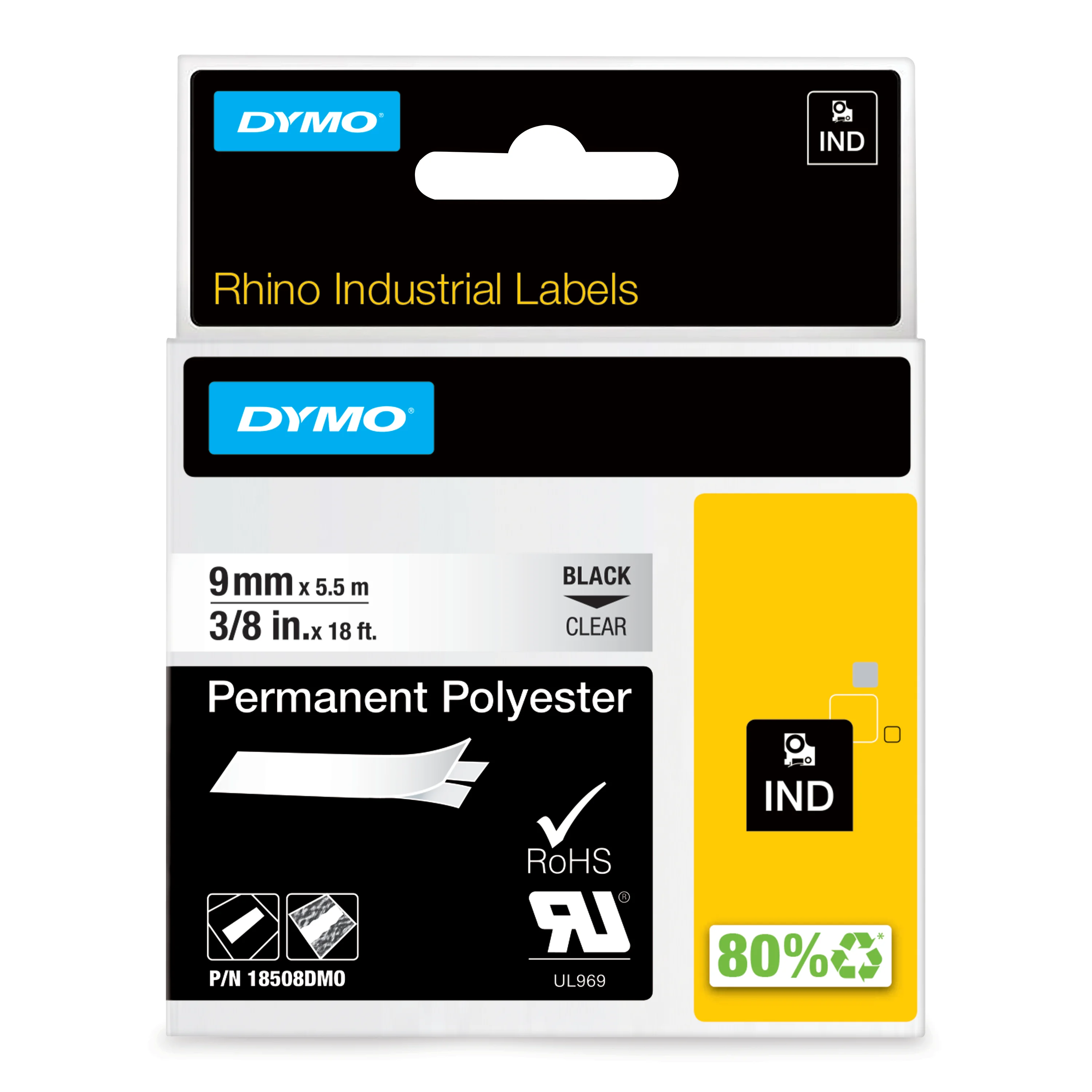 DYMO Rhino Industrie Permanente Polyesteretiketten | 9 mm x 5,5 m | Schwarz auf Transparent | selbstklebendes Schriftband | für Rhino und LabelManager Beschriftungsgerät