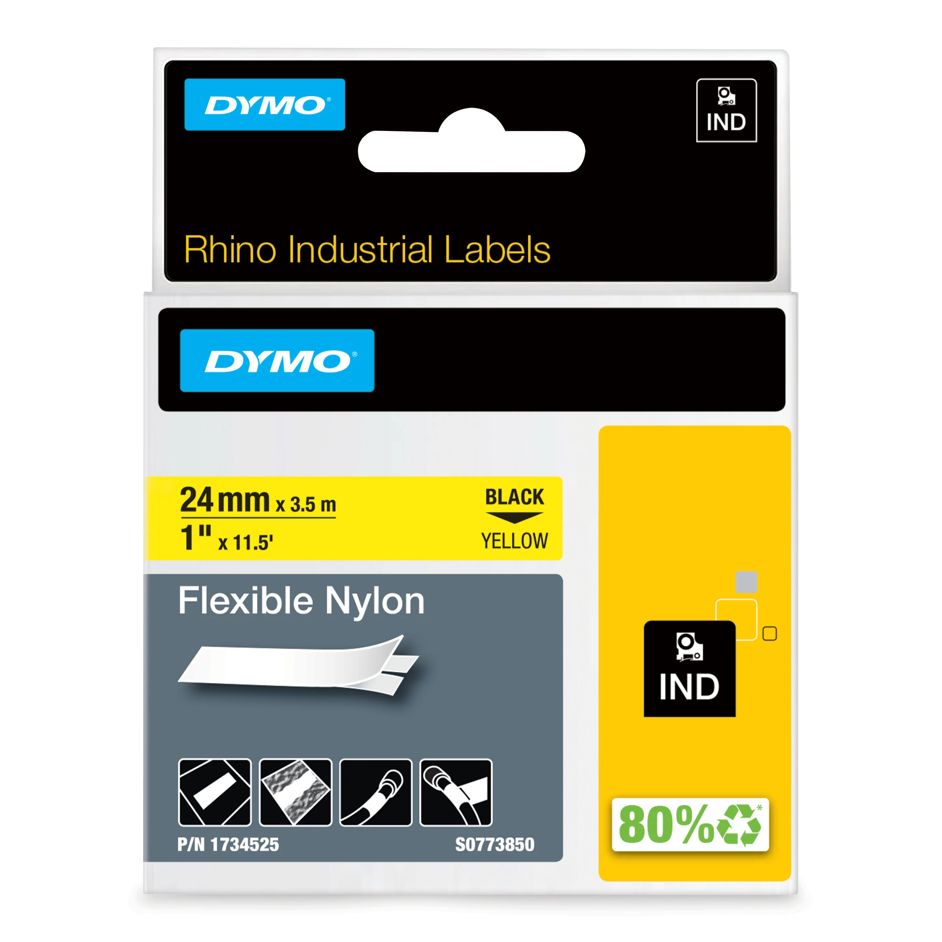 DYMO Rhino Industrie Nylonetiketten | flexibel | 24 mm x 3,5 m | schwarz auf gelbe | selbstklebendes Schriftband | fur Rhino und LabelManager Beschriftungsgerät