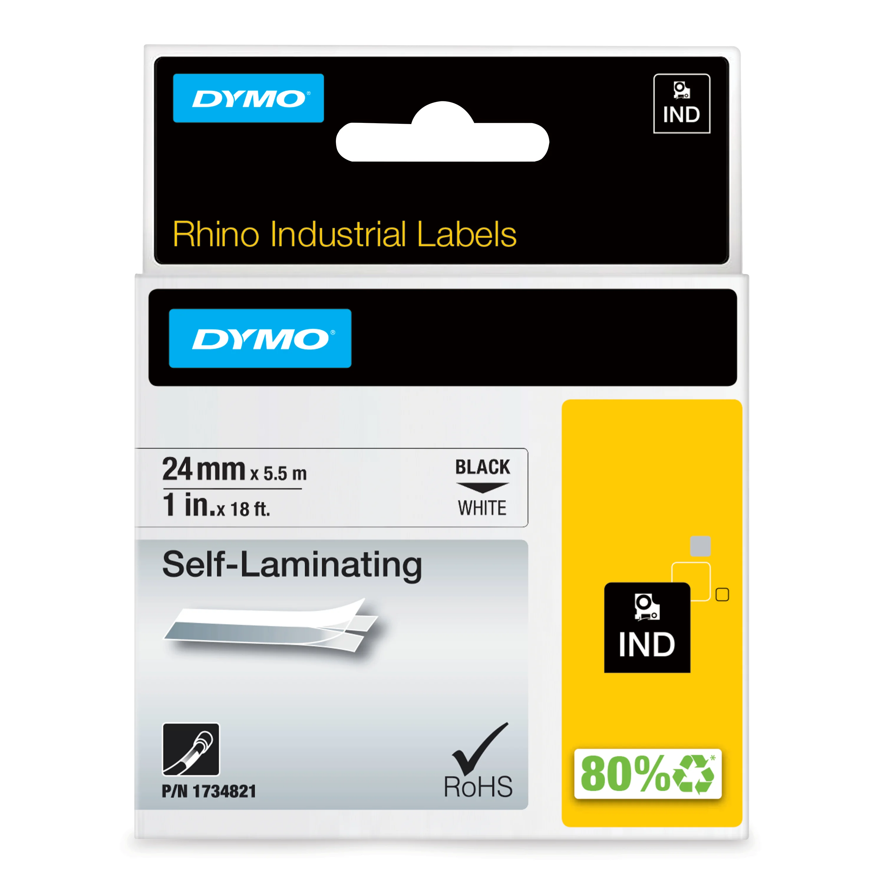 DYMO Rhino Industrie selbstlaminierende etiketten | 24 mm x 5,5 m | Schwarz auf Weiß | für Rhino Beschriftungsgerät