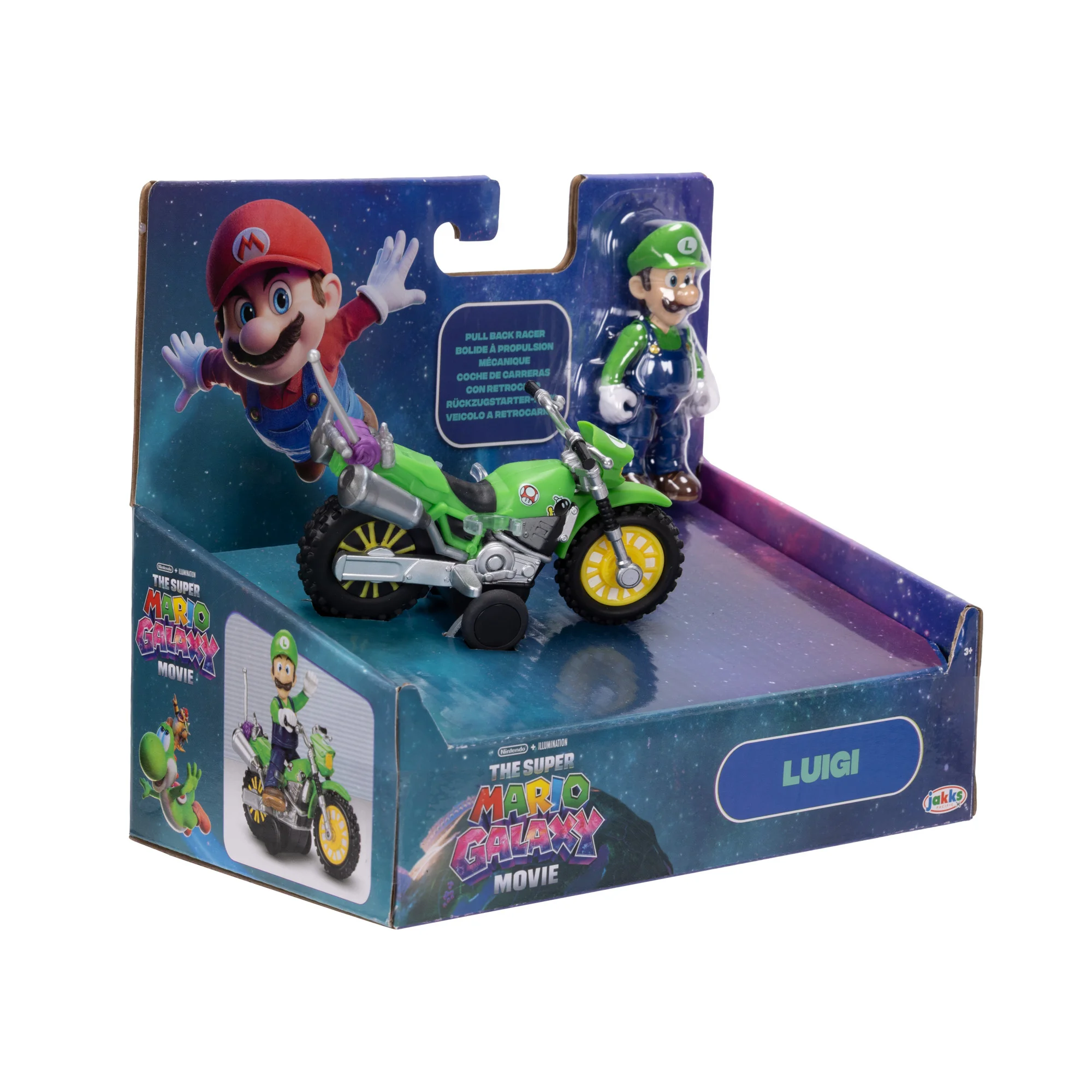 Die Super Mario Galaxy Film-Actionfigur Luigi mit Motorrad (2,5" / 6,35 cm), offiziell lizenziert von , 9 Bewegungspunkte, detailreiches Design, zurückziehen und losfahren lassen! Ab 3 Jahren