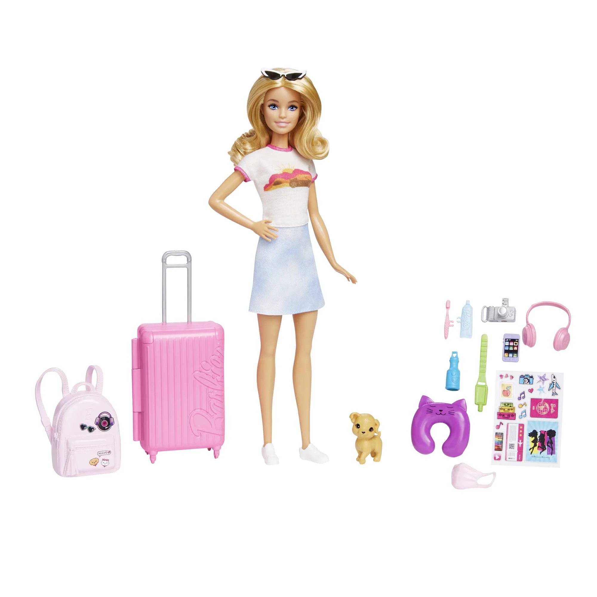 Barbie Dreamhouse Adventures Reise-Puppe (blond), Anziehpuppe mit Hund & Urlaubs-Zubehör