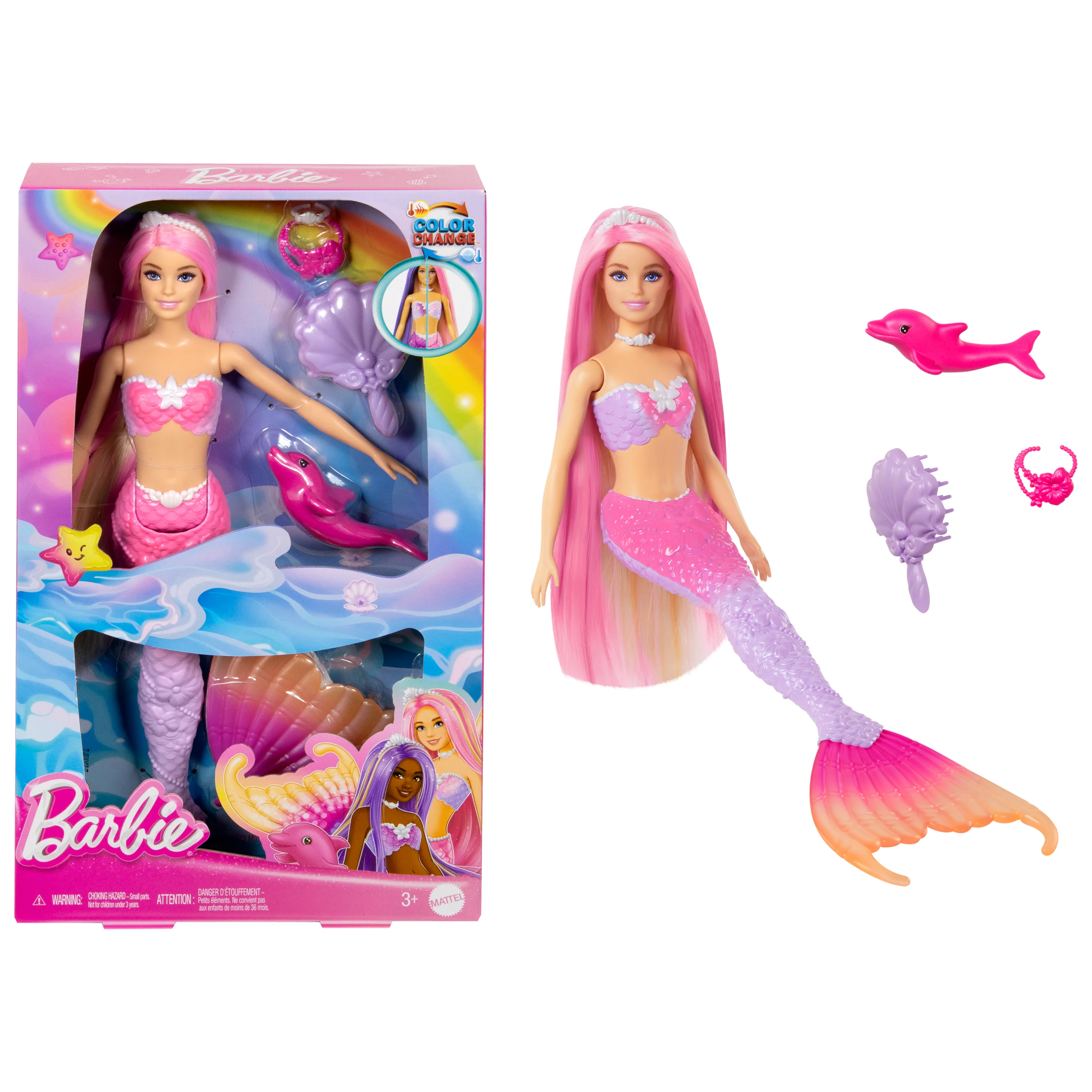 Barbie A Touch of Magic „Malibu“ Meerjungfrau-Puppe mit Farbwechseleffekt, Delfin und Accessoires