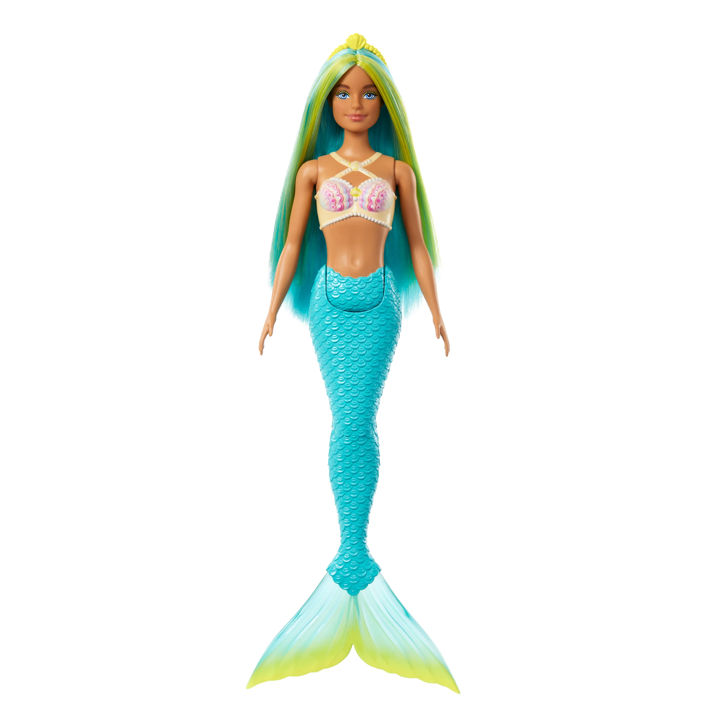 Barbie A Touch of Magic Meerjungfrau-Puppe mit blauen und gelben Strähnchen, türkisfarbener Schwanzflosse und Haarband