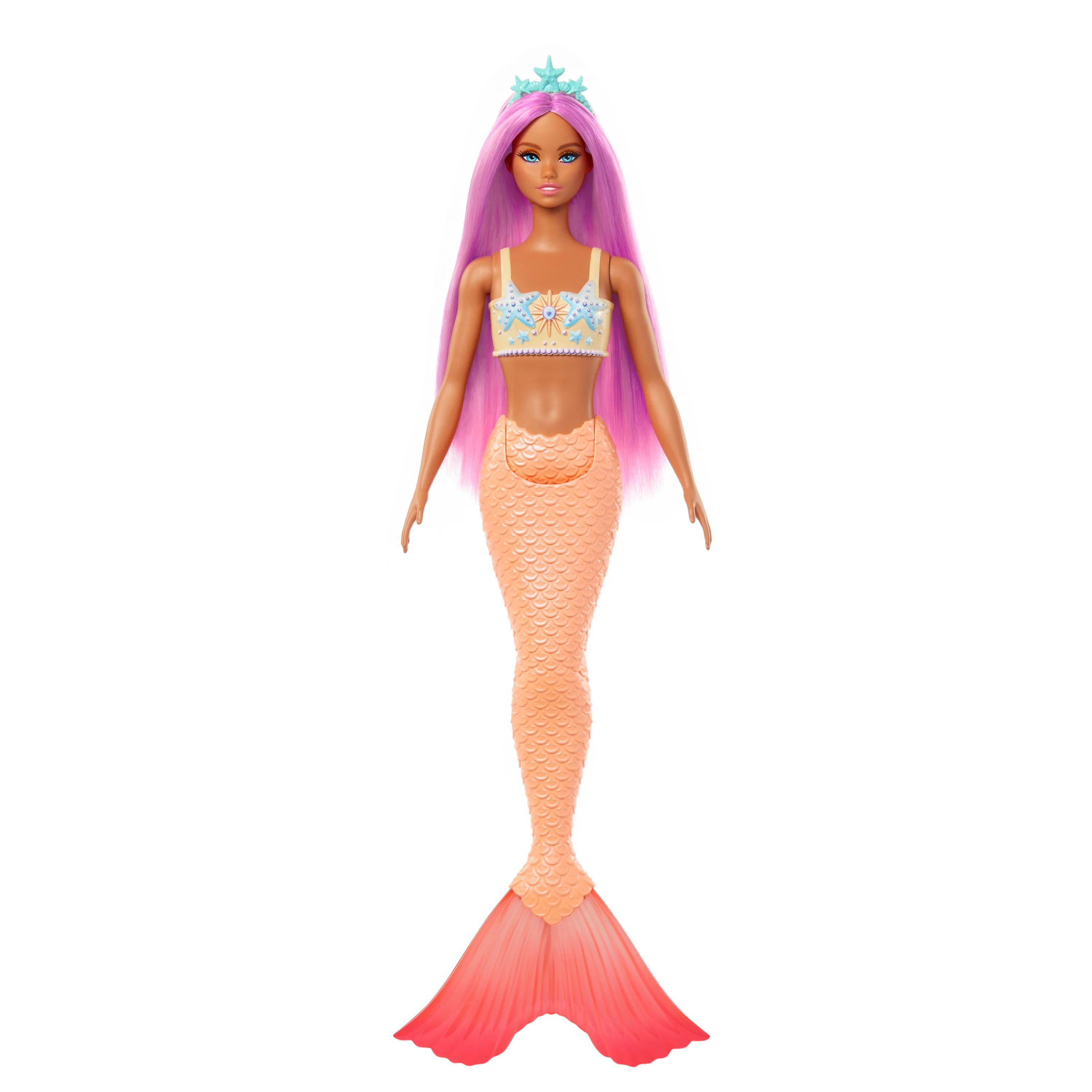Barbie A Touch of Magic Meerjungfrau-Puppe mit pinkfarbenem Haar, weicher orangefarbener Schwanzflosse und Haarband