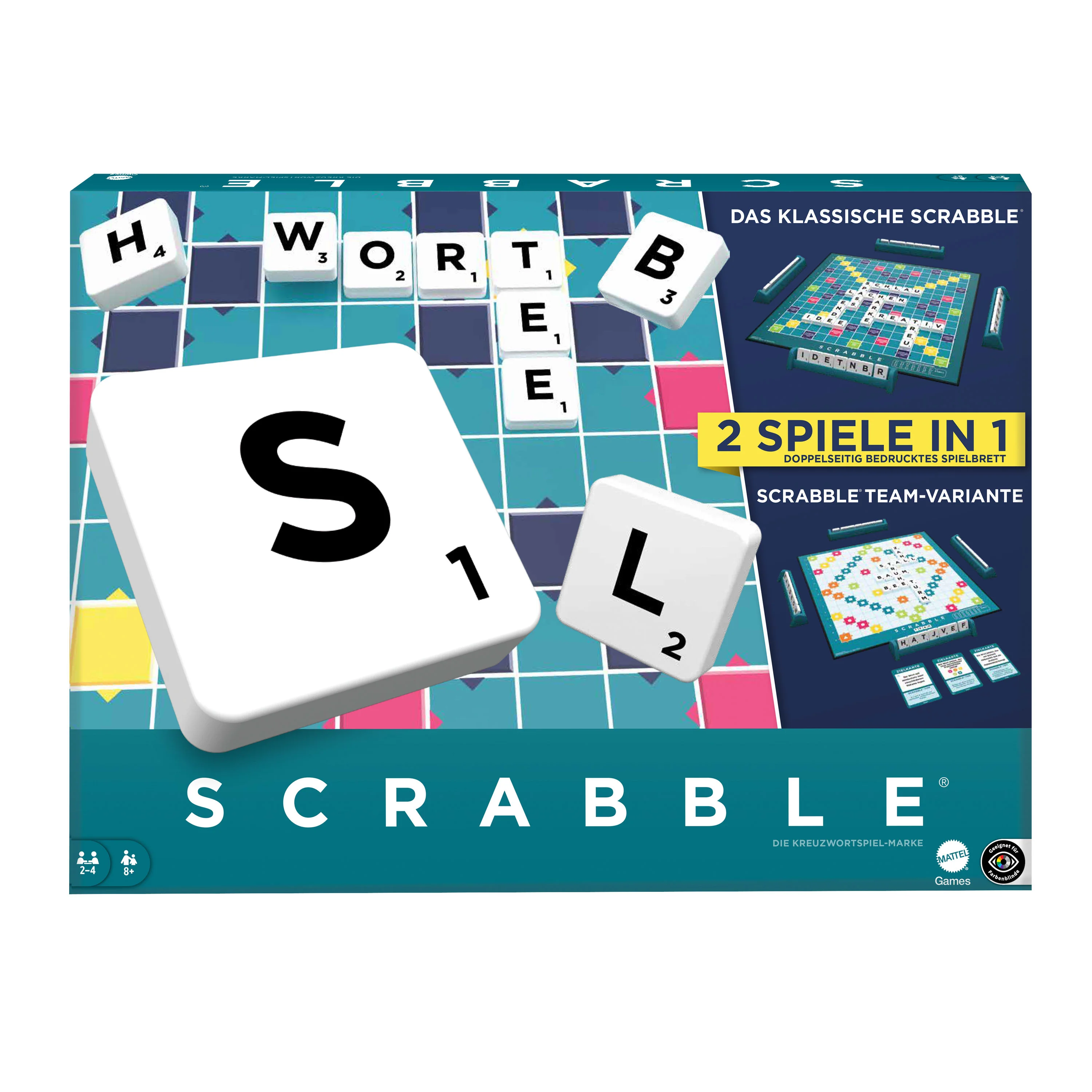 Mattel Games Scrabble Brettspiel, klassisches Familienwortspiel mit zwei Spielmöglichkeiten für 2–4 Spieler, deutsche Ausgabe