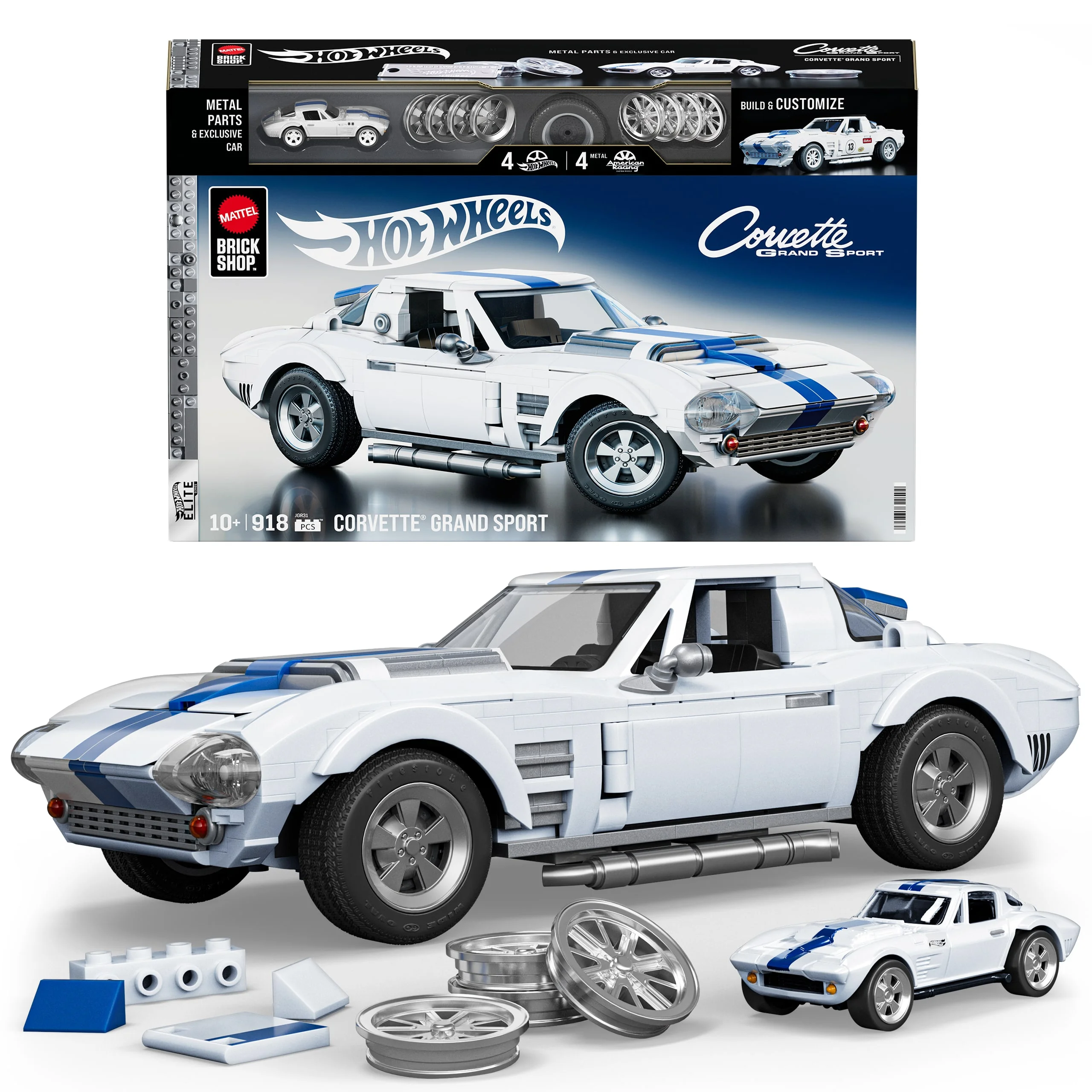 Mattel Brick Shop Hot Wheels Custom Corvette Grand Sport Bauset (918 Teile), für Sammler