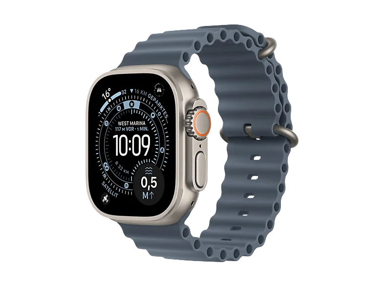 APPLE Watch Ultra 3 GPS + Cellular 49, 2025 Smartwatch Titangehäuse Fluorelastomer, 130-210 mm, Natur/Maritim Blau