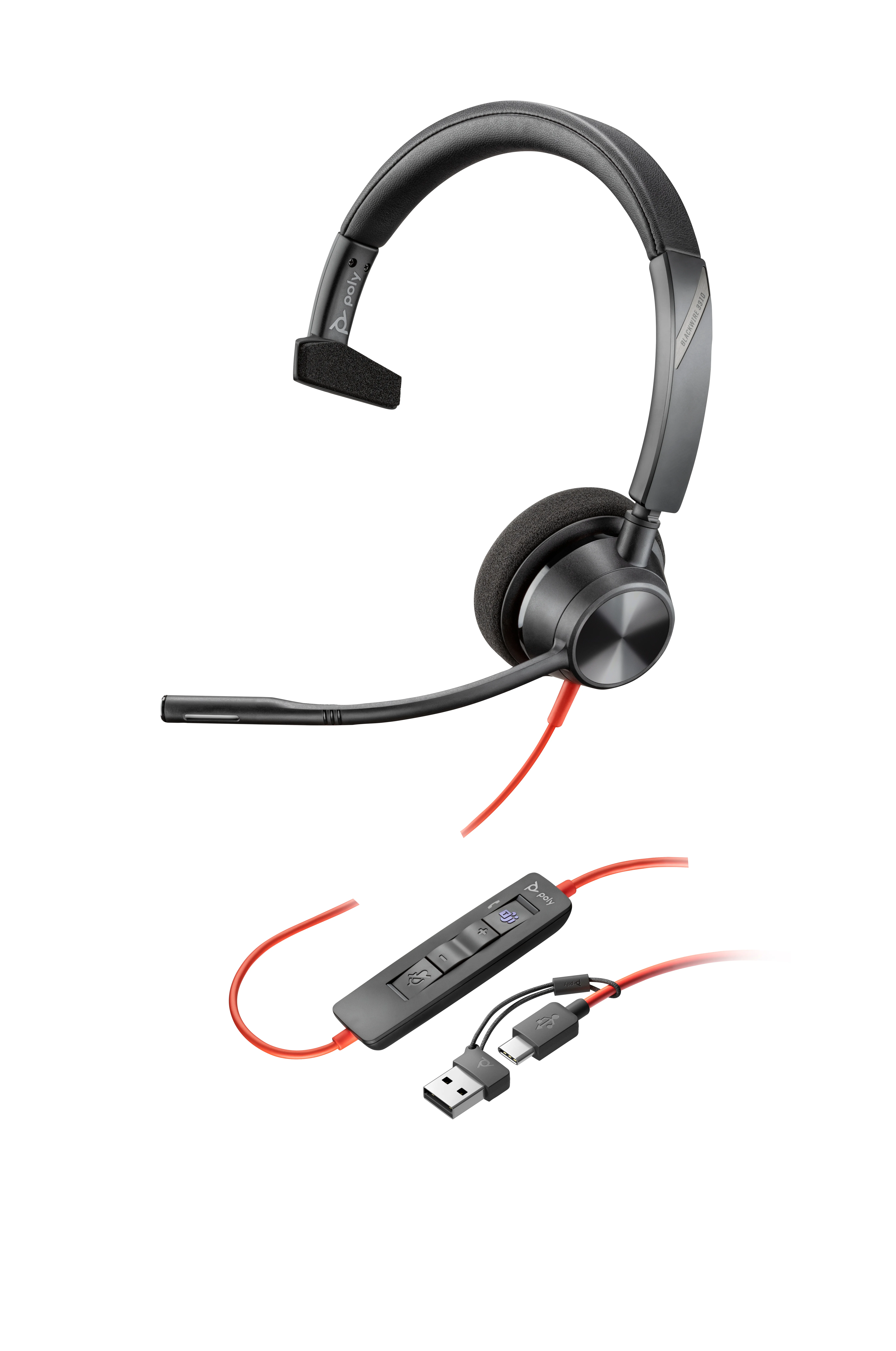 HP Poly Blackwire 3310 Monaurales USB-C-Headset, für Microsoft Teams zertifiziert, + USB-C/A-Adapter