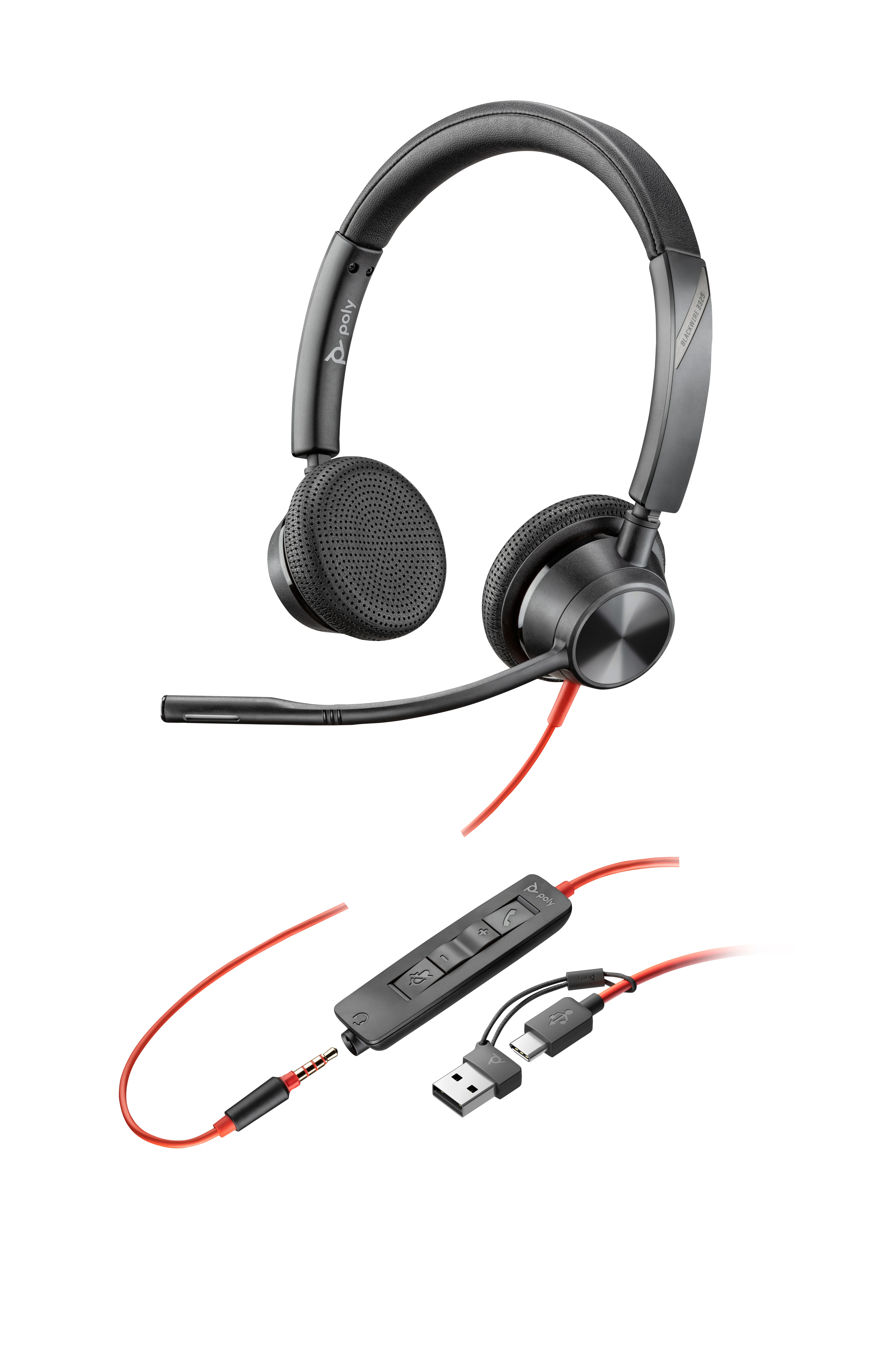 HP Poly Blackwire 3325 USB-C Stereo-Headset + 3.5-mm-Stecker + USB-C/A-Adapter