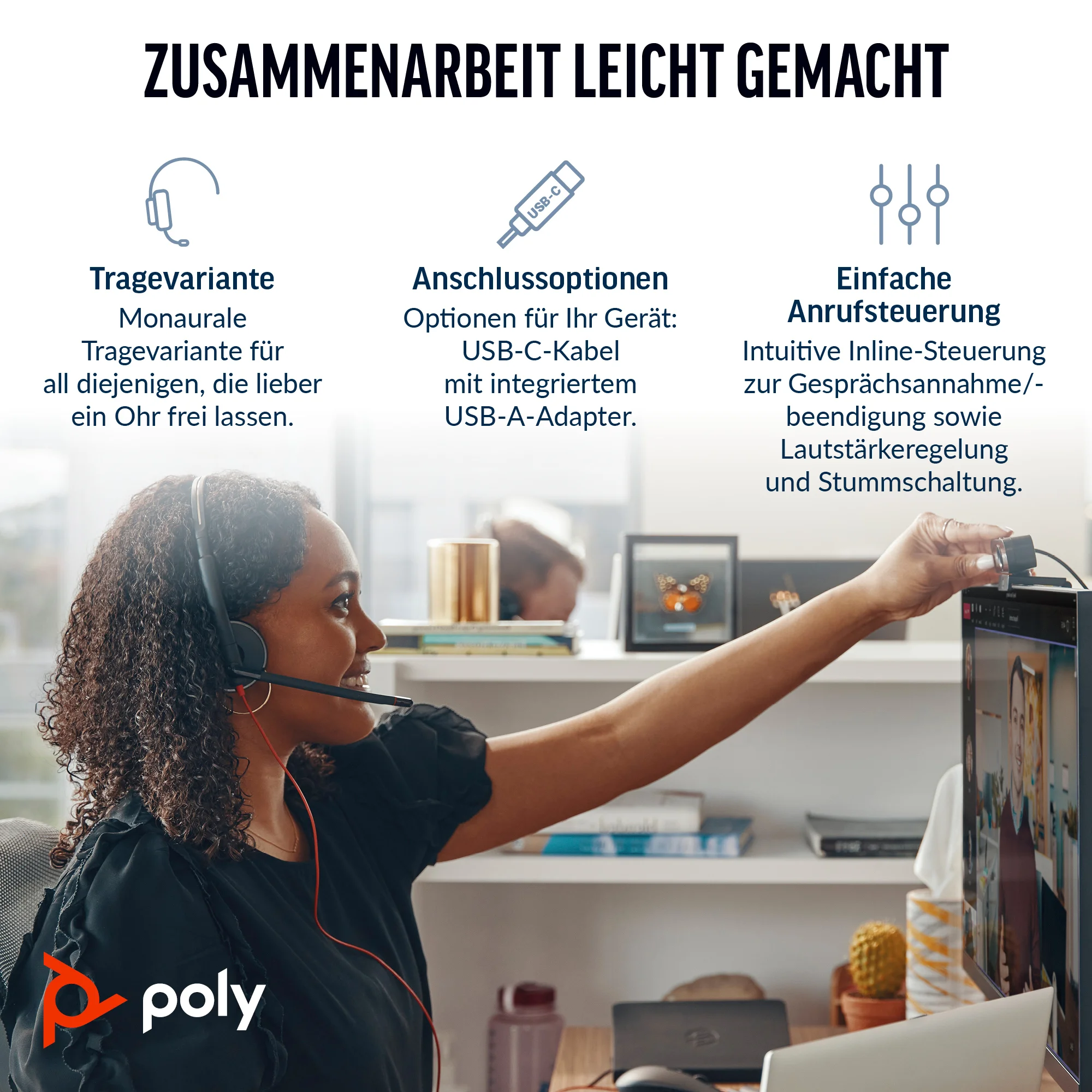 HP Poly Blackwire 3210 Monaural USB-C Headset +USB-C/A Adapter (Packungseinheit)