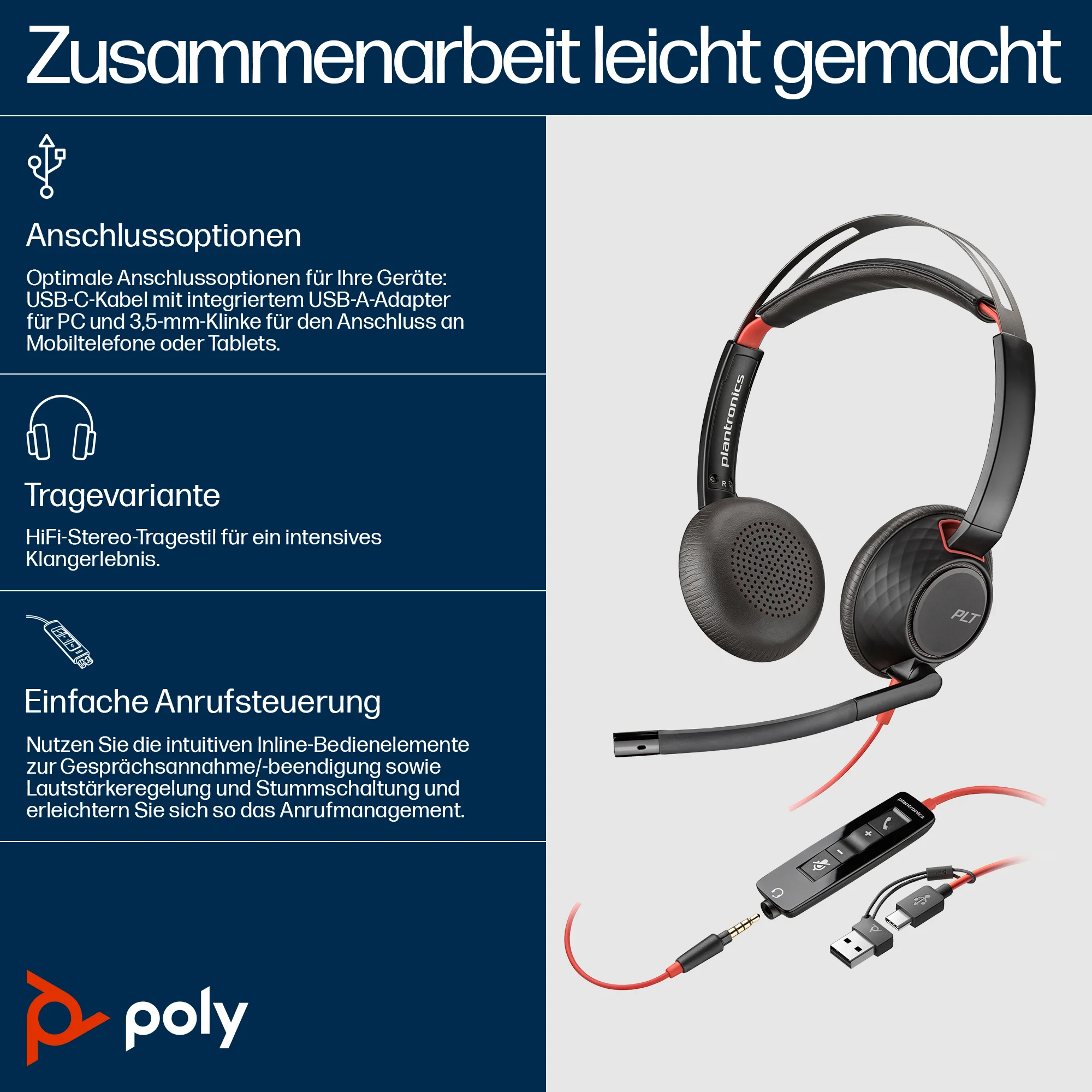 HP Poly Blackwire 5220 Stereo USB-C-Headset +3,5-mm-Stecker +USB-C/A-Adapter (Packungseinheit)