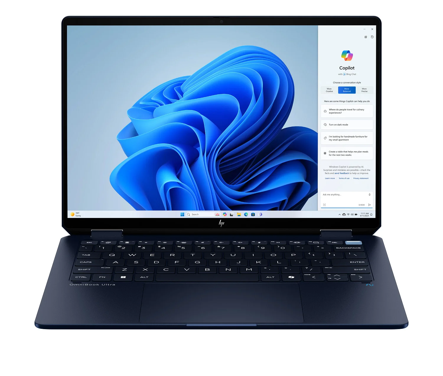 HP OmniBook Ultra Flip 14-fh0173ng Copilot+ PC Intel Core Ultra 7 258V Hybrid (2-in-1) 35,6 cm (14") Touchscreen 3K 32 GB LPDDR5x-SDRAM 1 TB SSD Wi-Fi 7 (802.11be) Windows 11 Home Blau