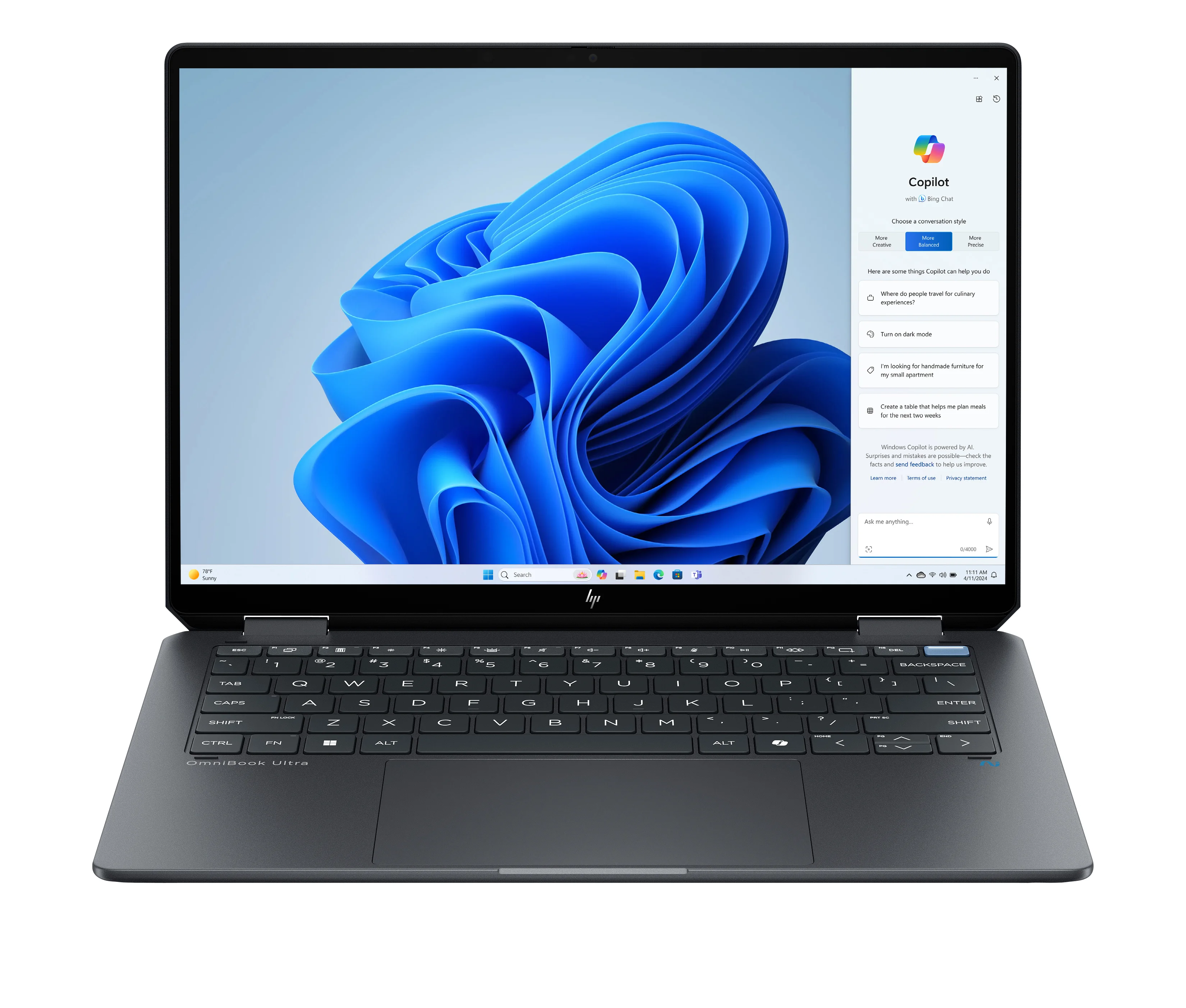 HP OmniBook Ultra Flip 14-fh0375ng Copilot+ PC Intel Core Ultra 7 256V Hybrid (2-in-1) 35,6 cm (14") Touchscreen 3K 16 GB LPDDR5x-SDRAM 1 TB SSD Wi-Fi 7 (802.11be) Windows 11 Home Schwarz, Grau