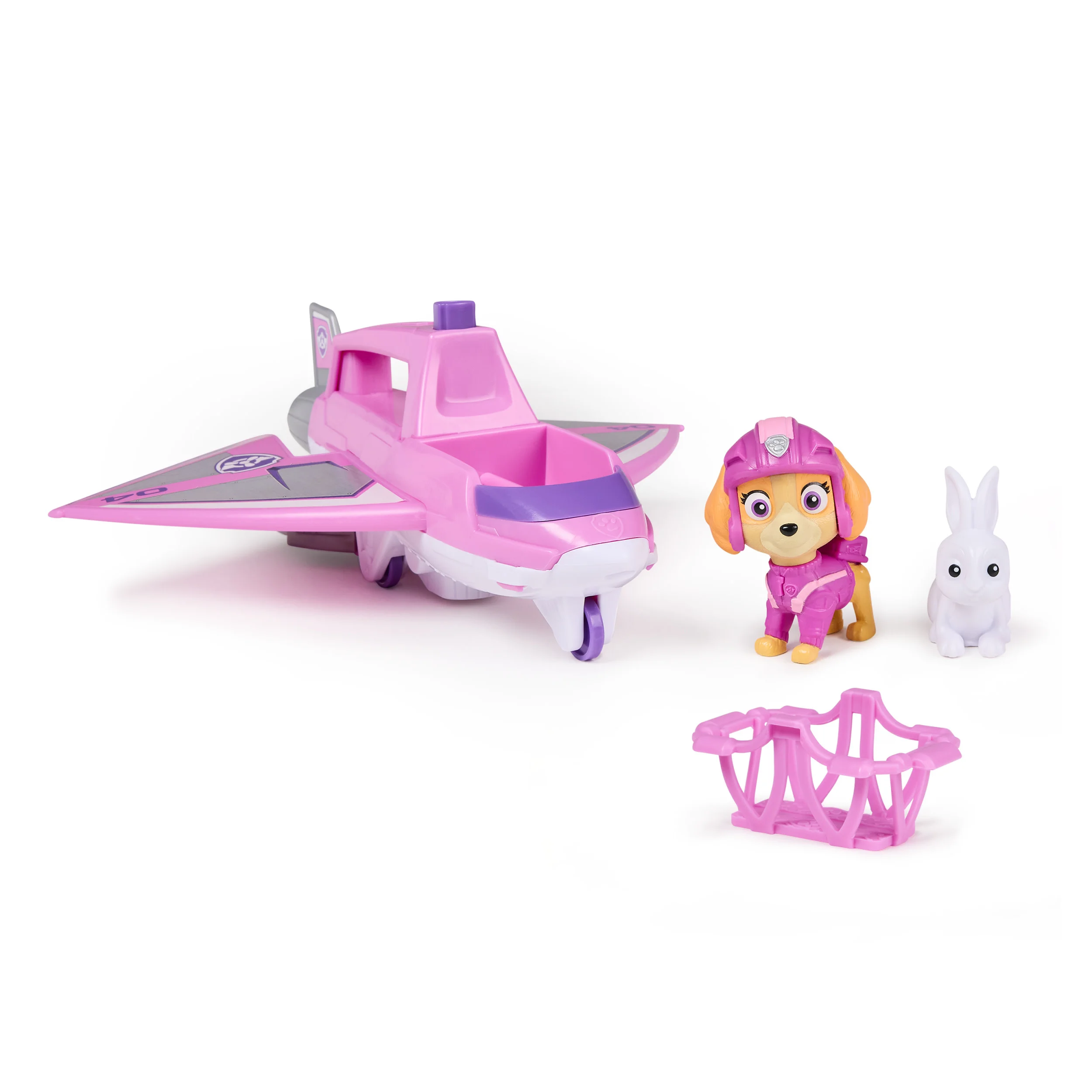 PAW Patrol Air Rescue - Skyes Rettungsflugzeug mit einziehbarer Klaue und Rettungskorb, mit Skye Spielfigur und Hase (Basis Fahrzeug)