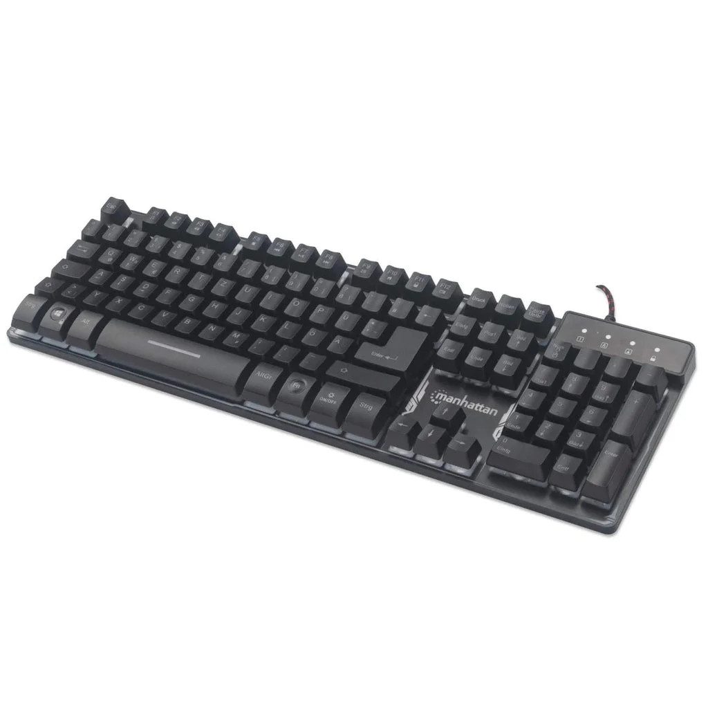 Manhattan USB-Gaming-Tastatur mit LEDs und Metallunterseite, 12 Funktionstasten, Metallunterseite, farbige LED-Hintergrundbeleuchtung, 19 Anti-Ghosting-Tasten, Schutzklasse IPX4 (spritzwassergeschützt), schwarz